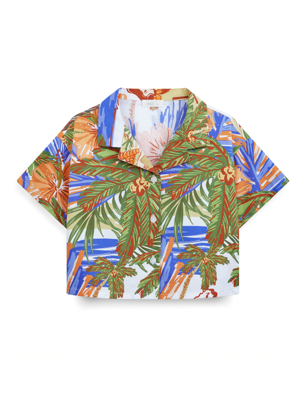 AIIZ Girl's Vintage Island Printed Camp Collar Shirt (White / 3-4Y)