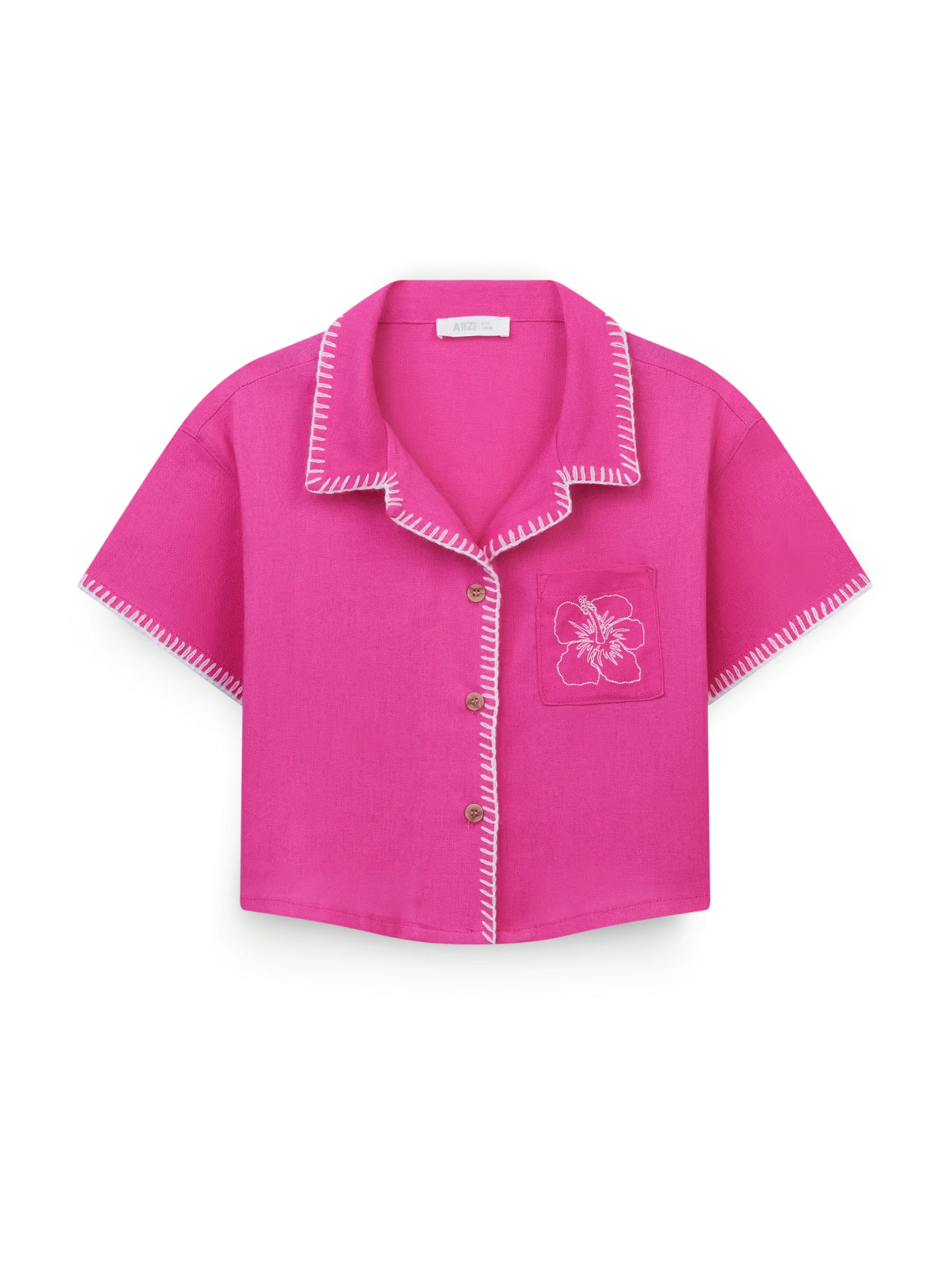 AIIZ Girl's Embroidered Camp Collar Shirt