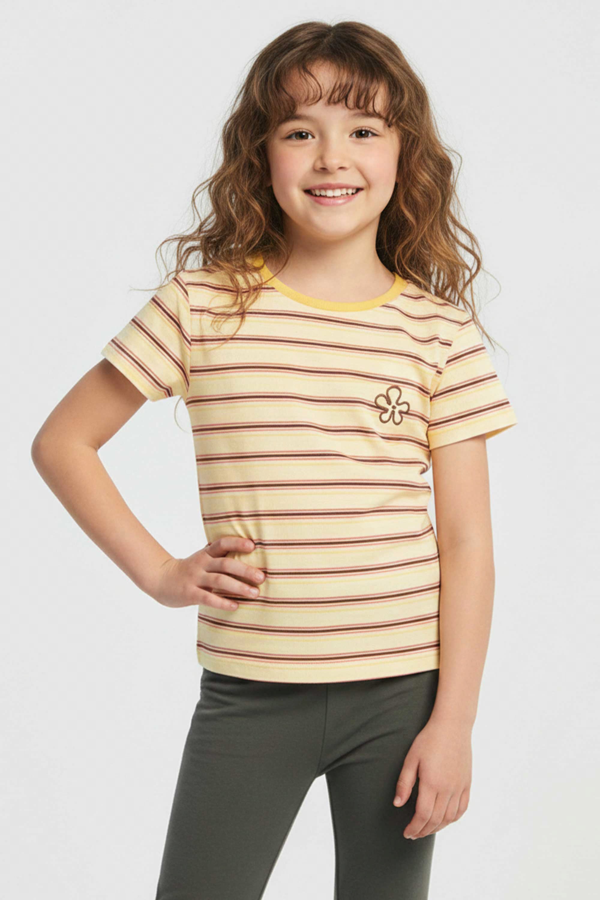 AIIZ Girl's Short Sleeve Striped T-Shirt (Yellow / 4-5Y)