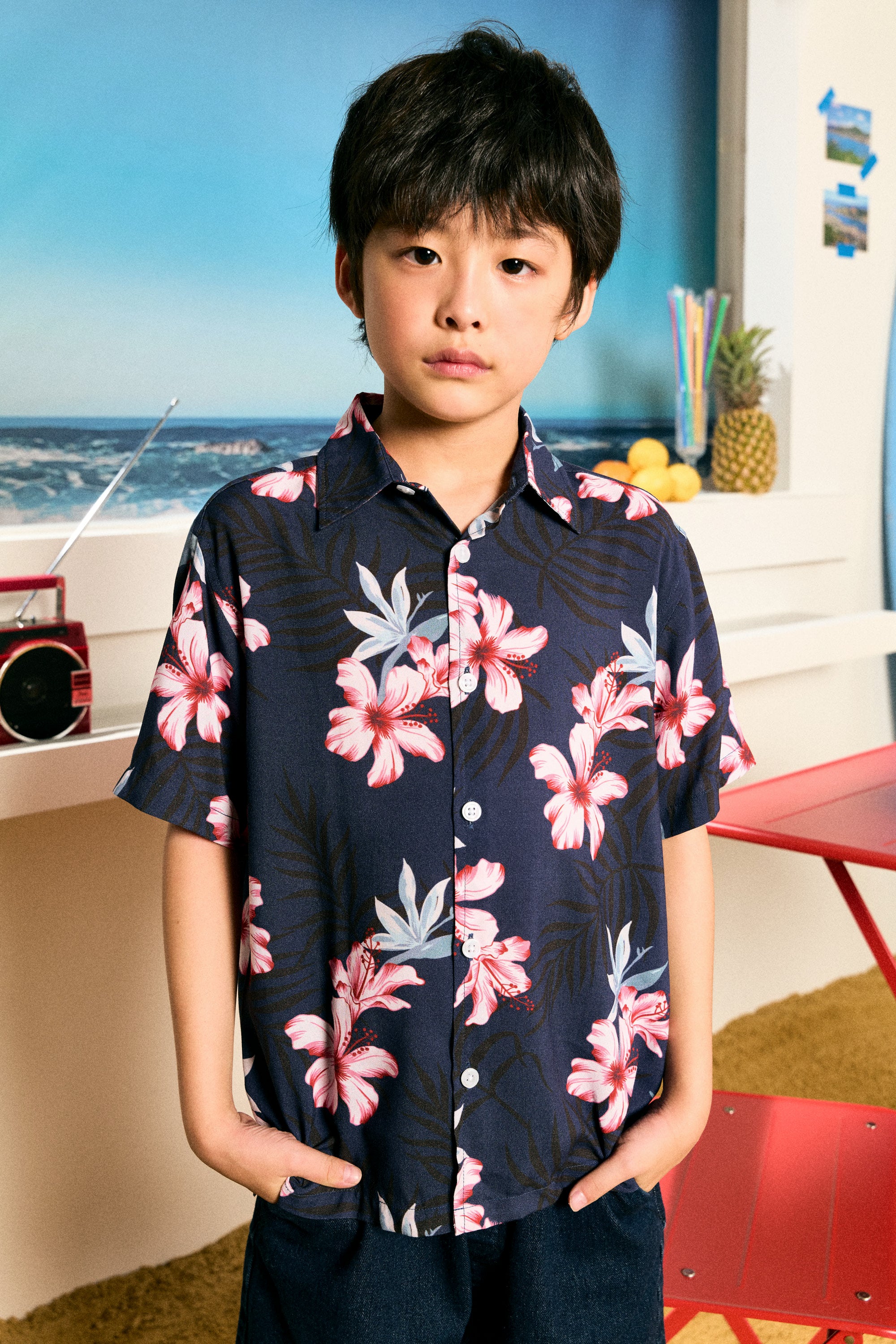 AIIZ Kids’ Summer Floral Short-Sleeve Shirt – 100% Rayon (Navy / 4-5Y)