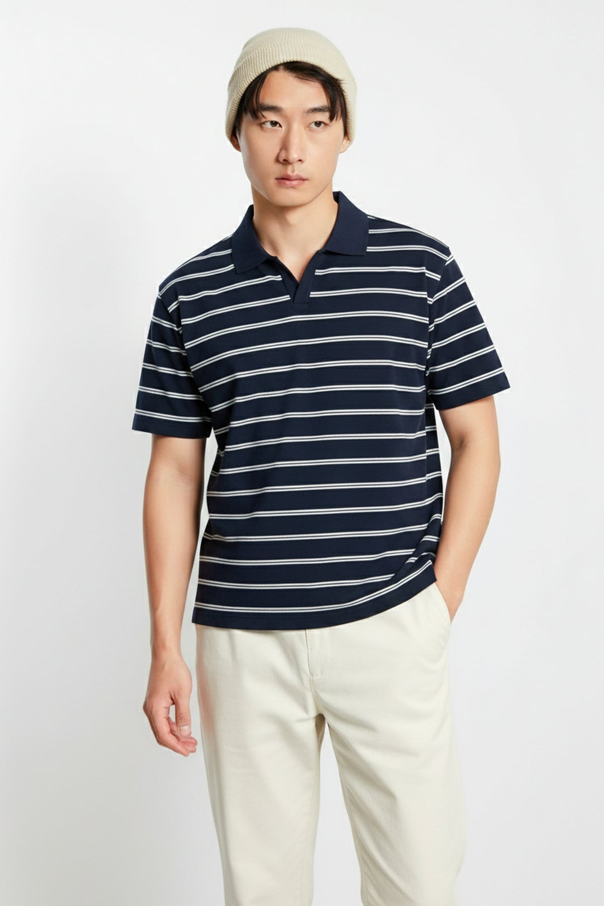 AIIZ Men’s Striped Open Collar Polo Shirt