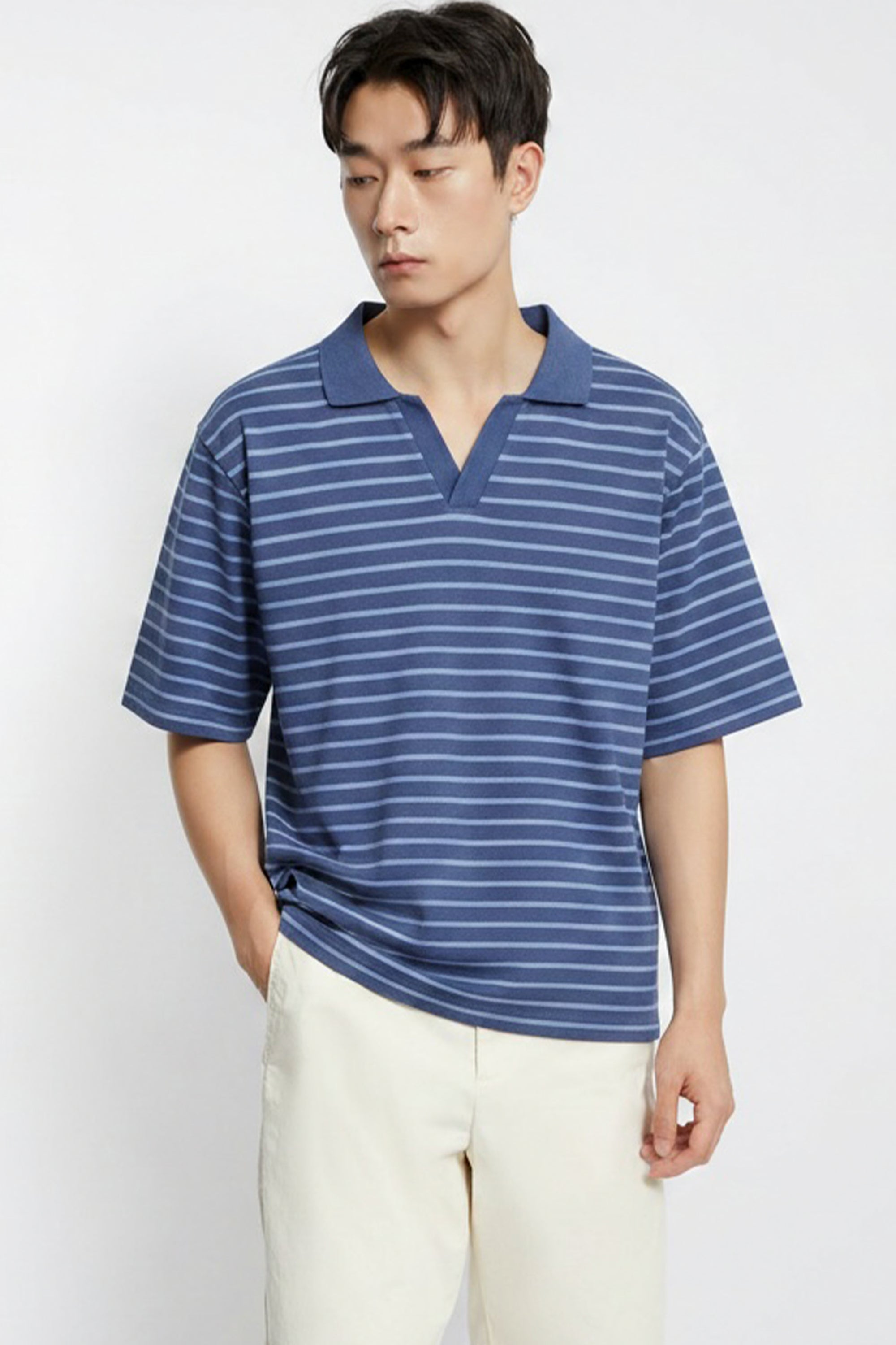 AIIZ Men’s Striped Open Collar Polo Shirt (Blue / S)