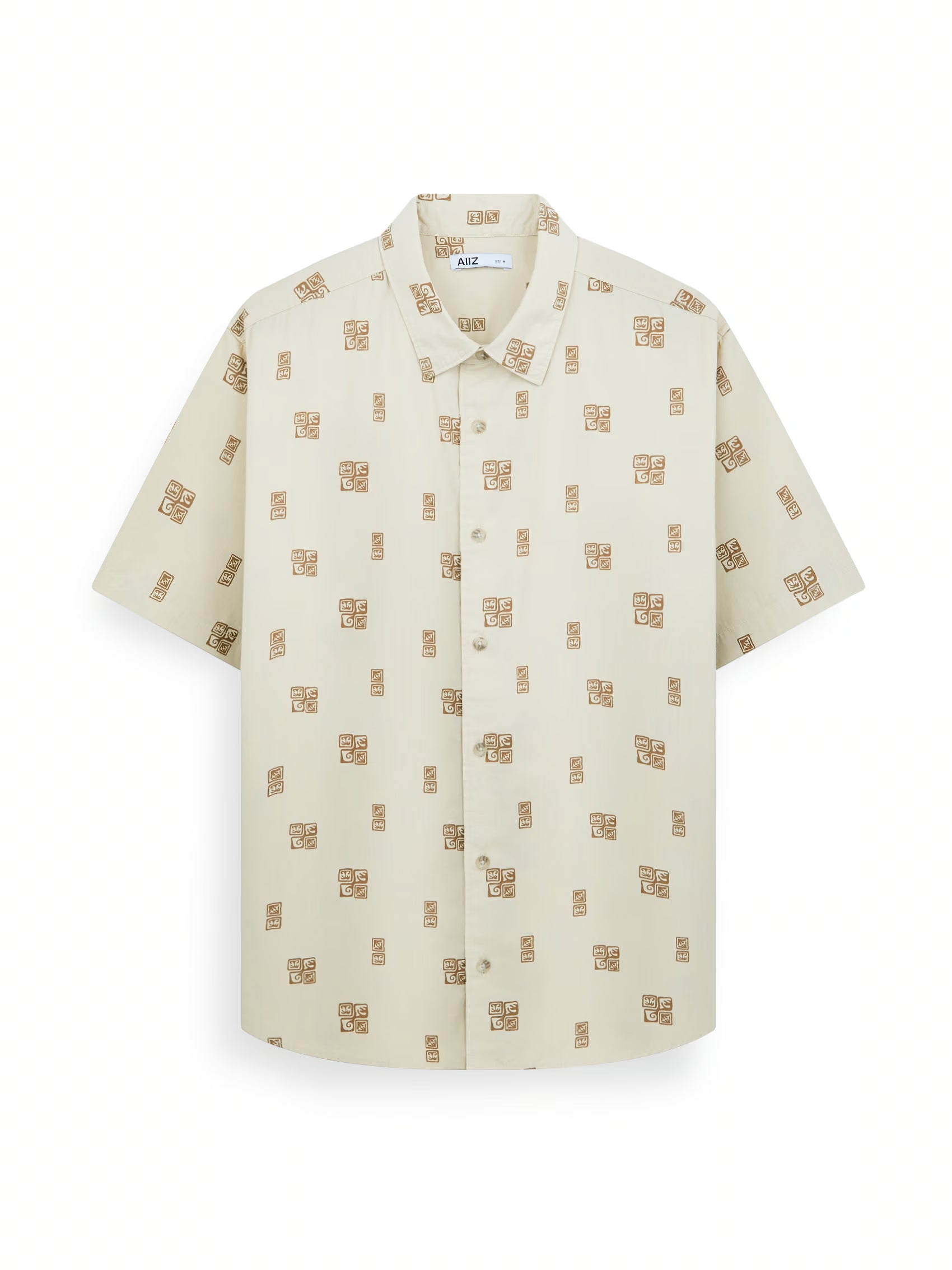 AIIZ Men's Graphic Printed Short Sleeve Shirt (Beige / S)