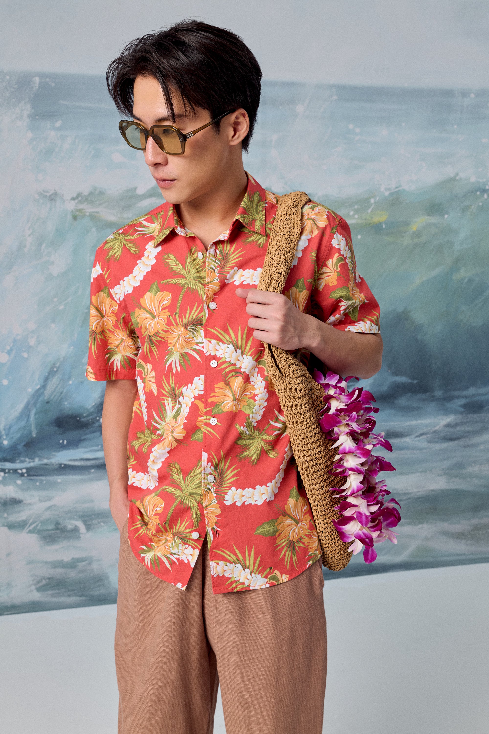 AIIZ Men’s Songkran Floral Short Sleeve Shirt–100% Cotton (Red / S)