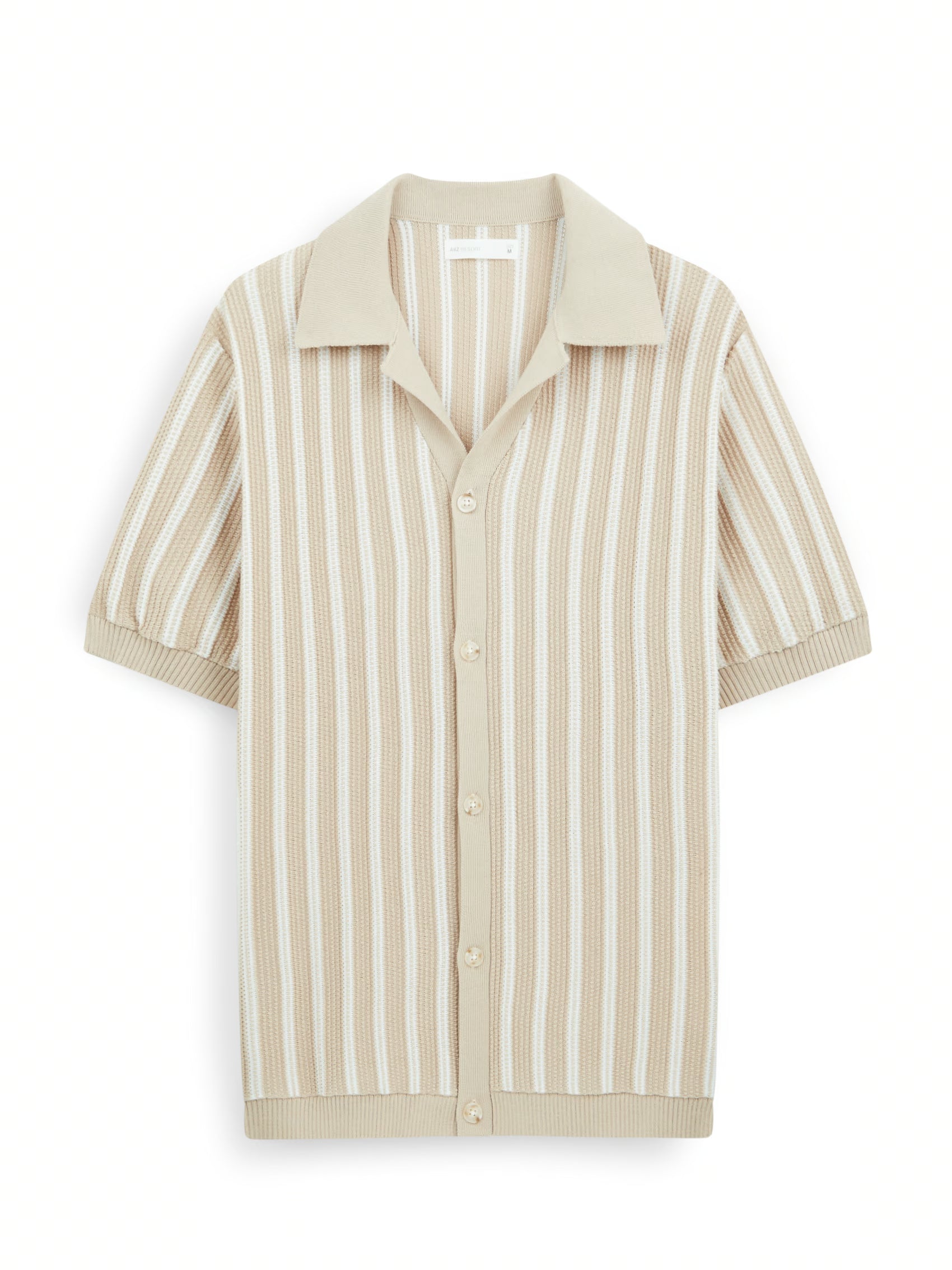 AIIZ Men's Stripe Knitted Short Sleeve Shirt (Beige / S)