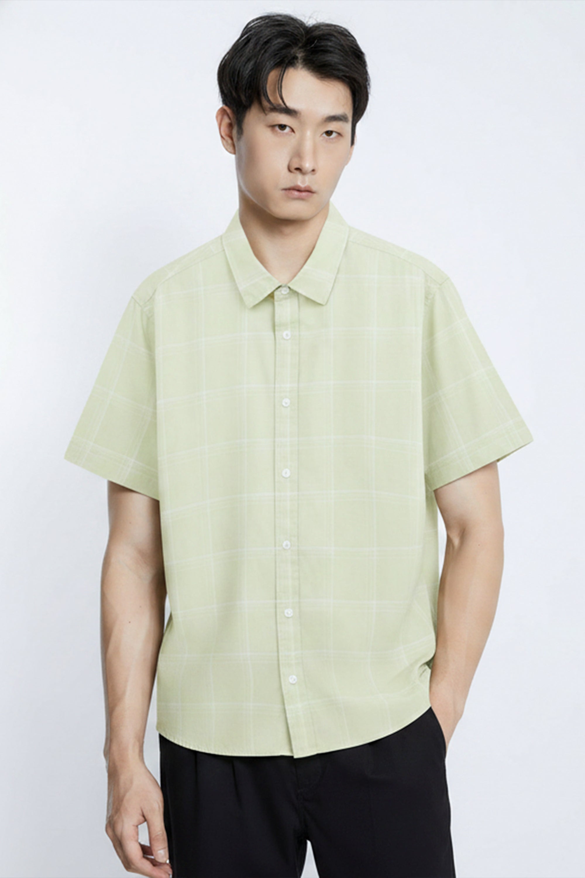 AIIZ Men's Check Short Sleeve Shirt (Light Green / S)