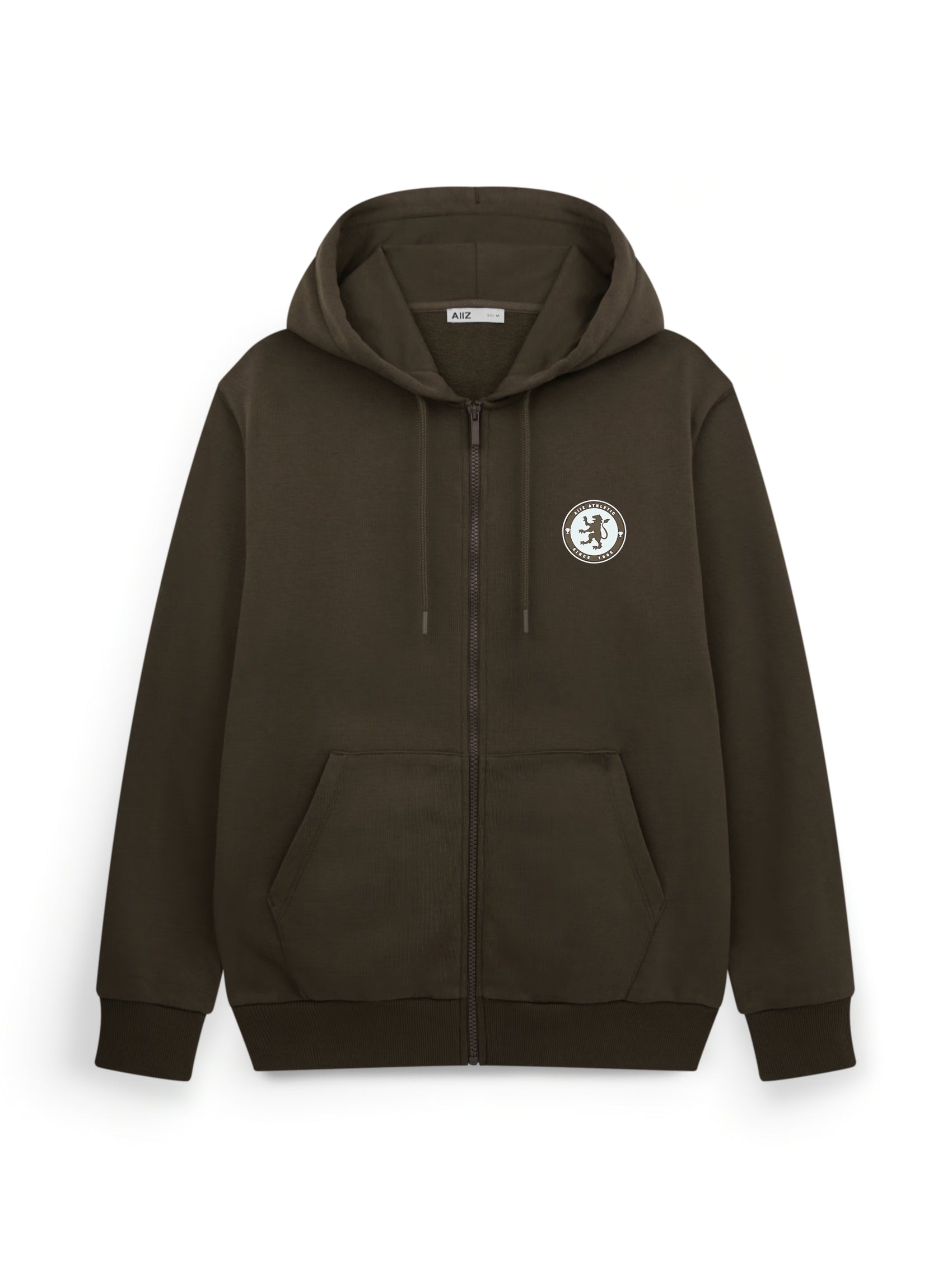 AIIZ Men’s Logo Silicon French terry Zipper Hoodie (Dark Brown / S)