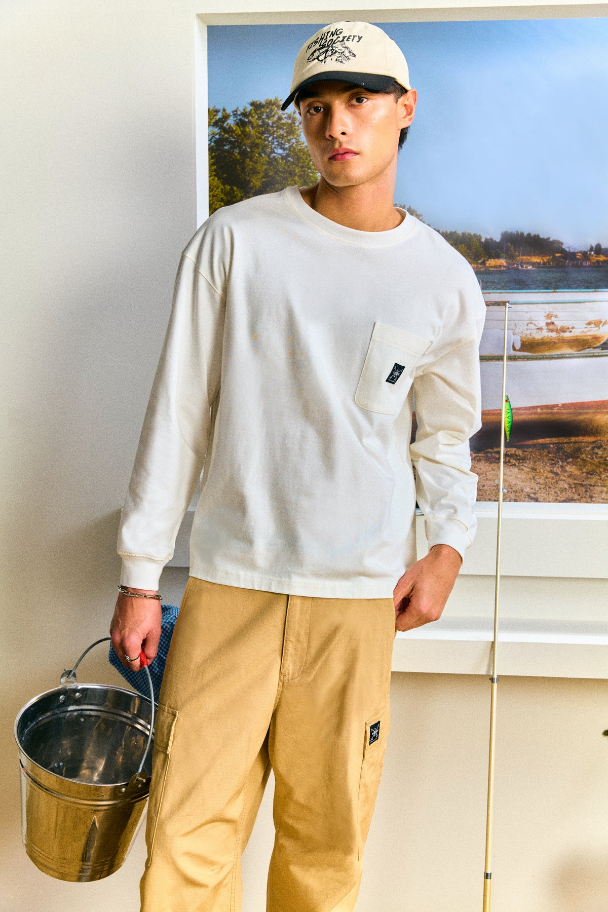 AIIZ Men’s Fishing Society Club Graphic Long Sleeve T-Shirt (Cream / S)