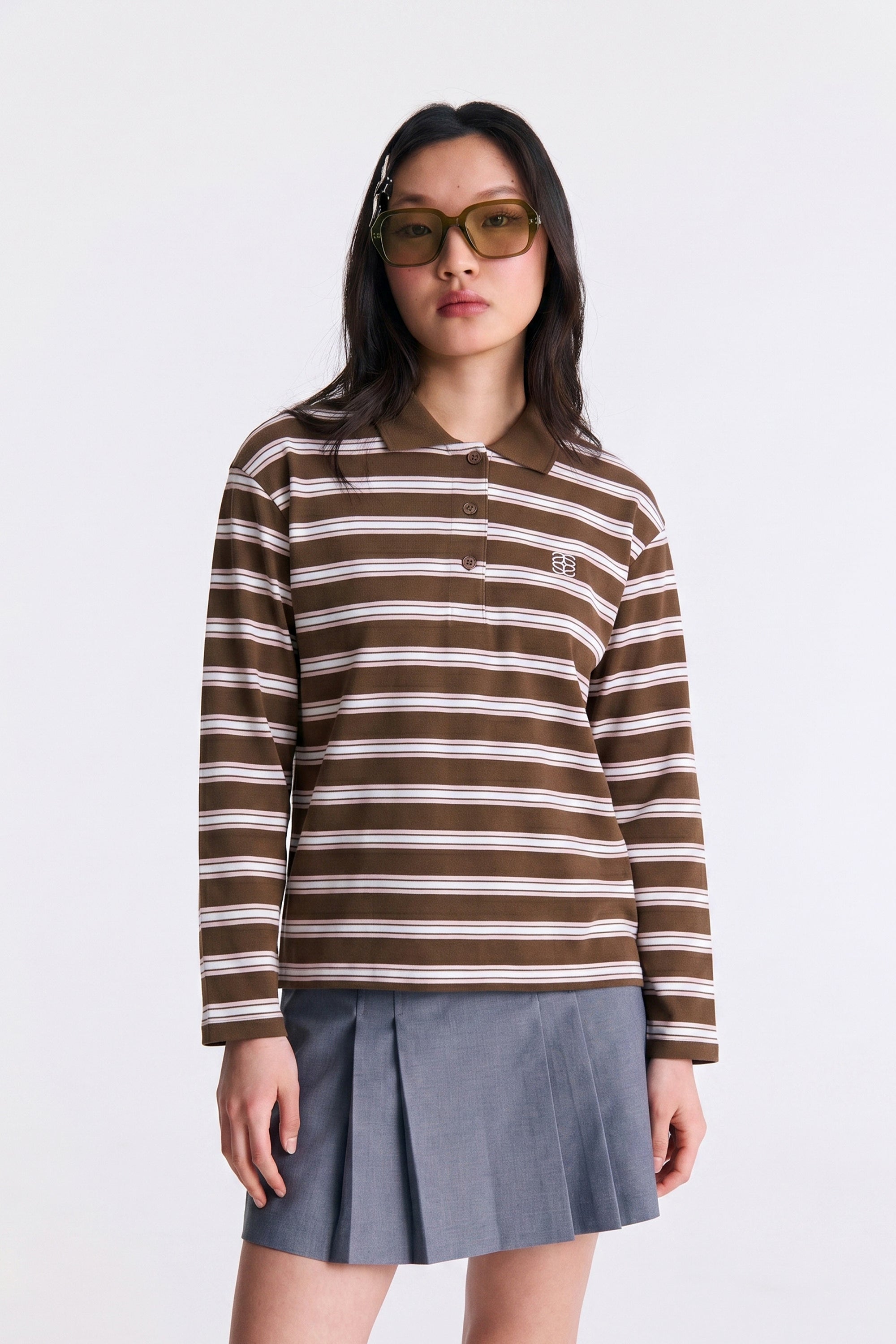 AIIZ Women's Striped Long Sleeve Polo Shirt