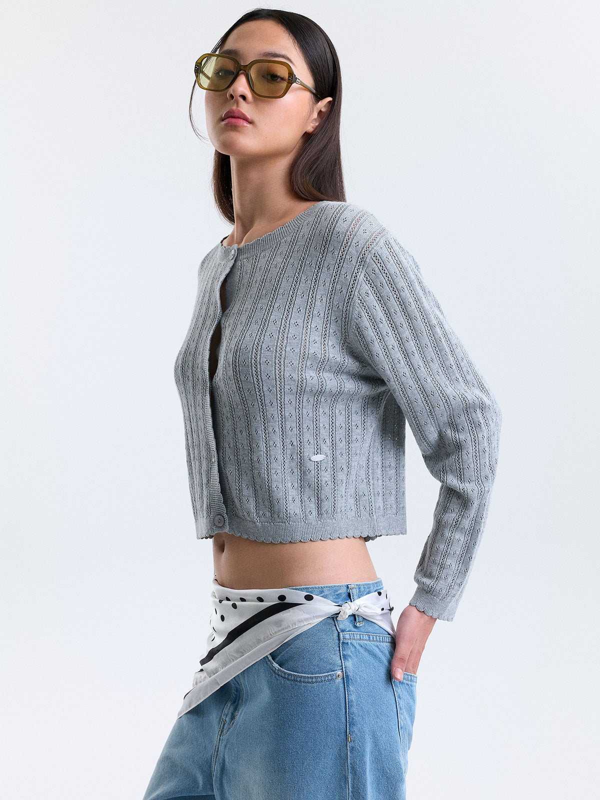 AIIZ Women's Pointelle Knit Cardigan (Top Dyed Grey / S)