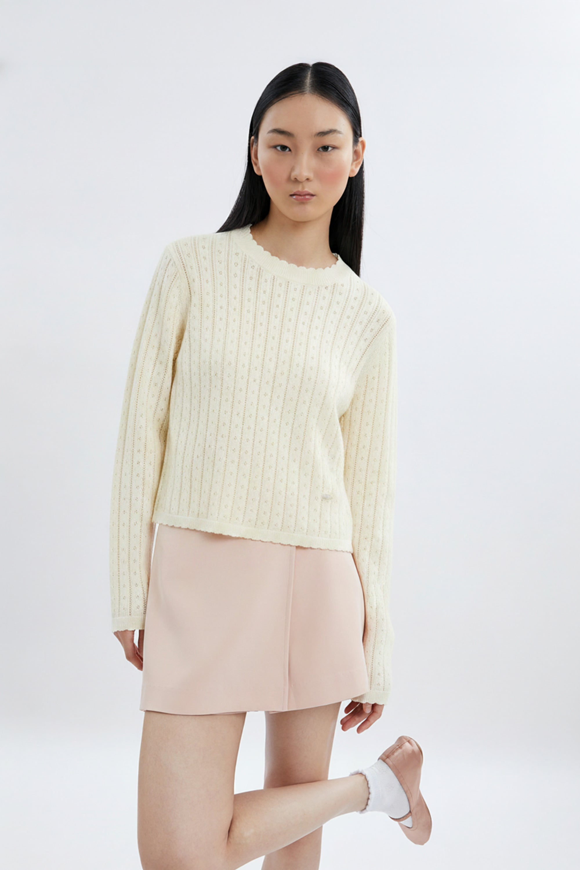 AIIZ Women's Pointelle Knit Long Sleeve Top