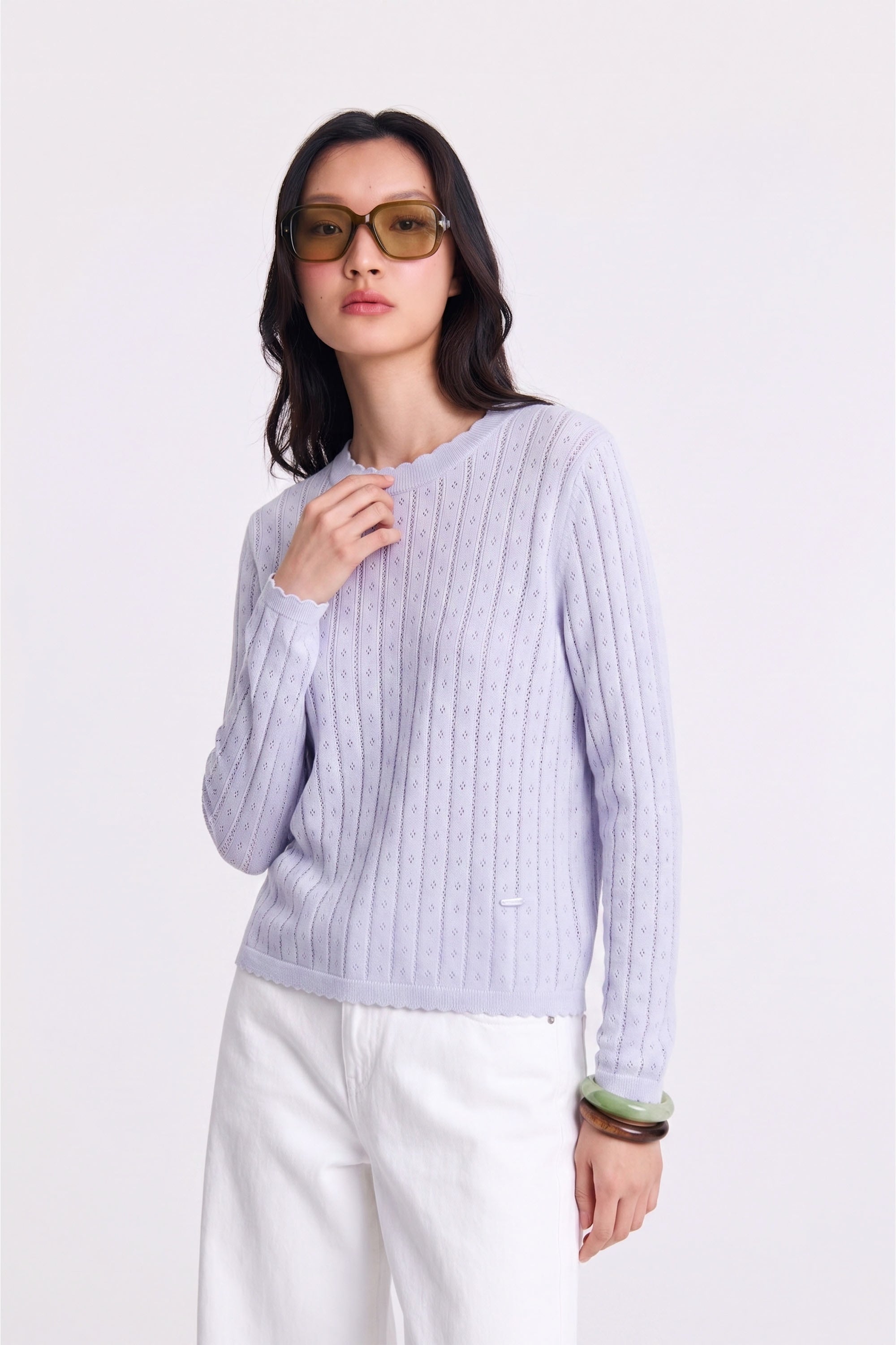 AIIZ Women's Pointelle Knit Long Sleeve Top