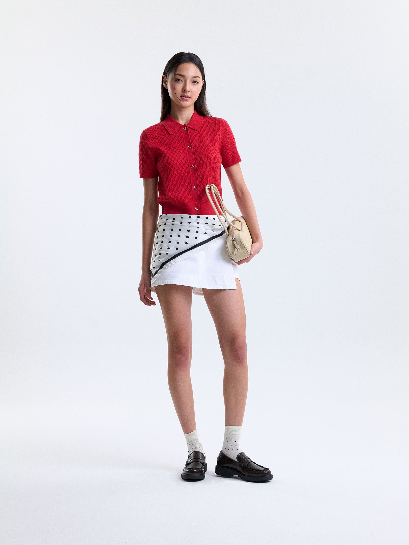 AIIZ Women's Cable Knit Short Sleeve Shirt