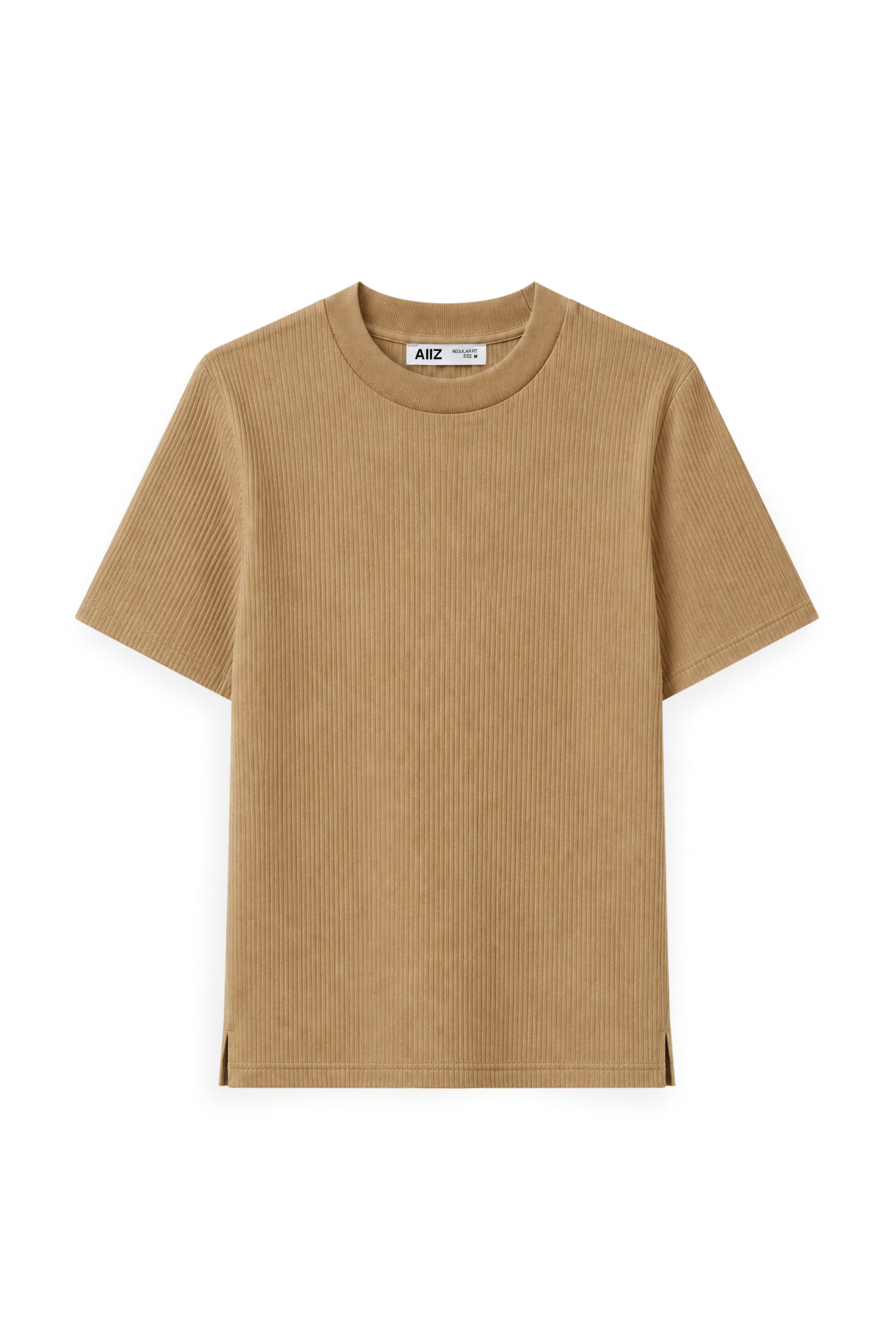 AIIZ Women's High Neck Ribbed Short Sleeve T-Shirt (Beige / S)