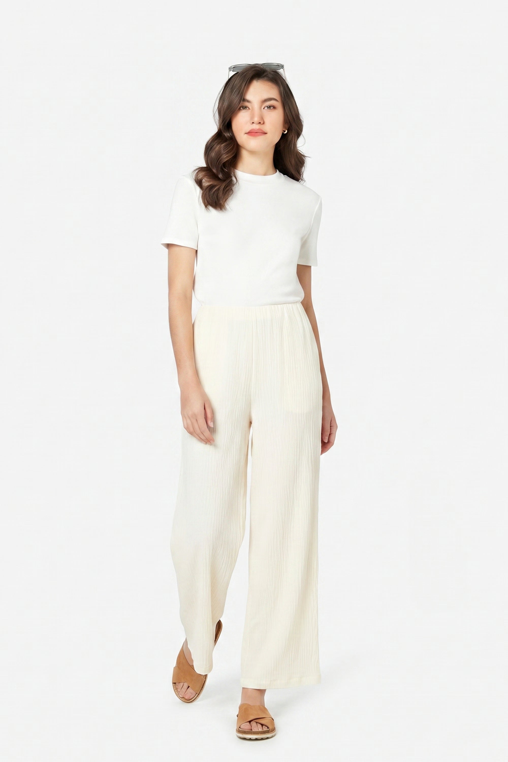 AIIZ Women's Crinkle Texture Easy Pants (OFF WHITE / S)
