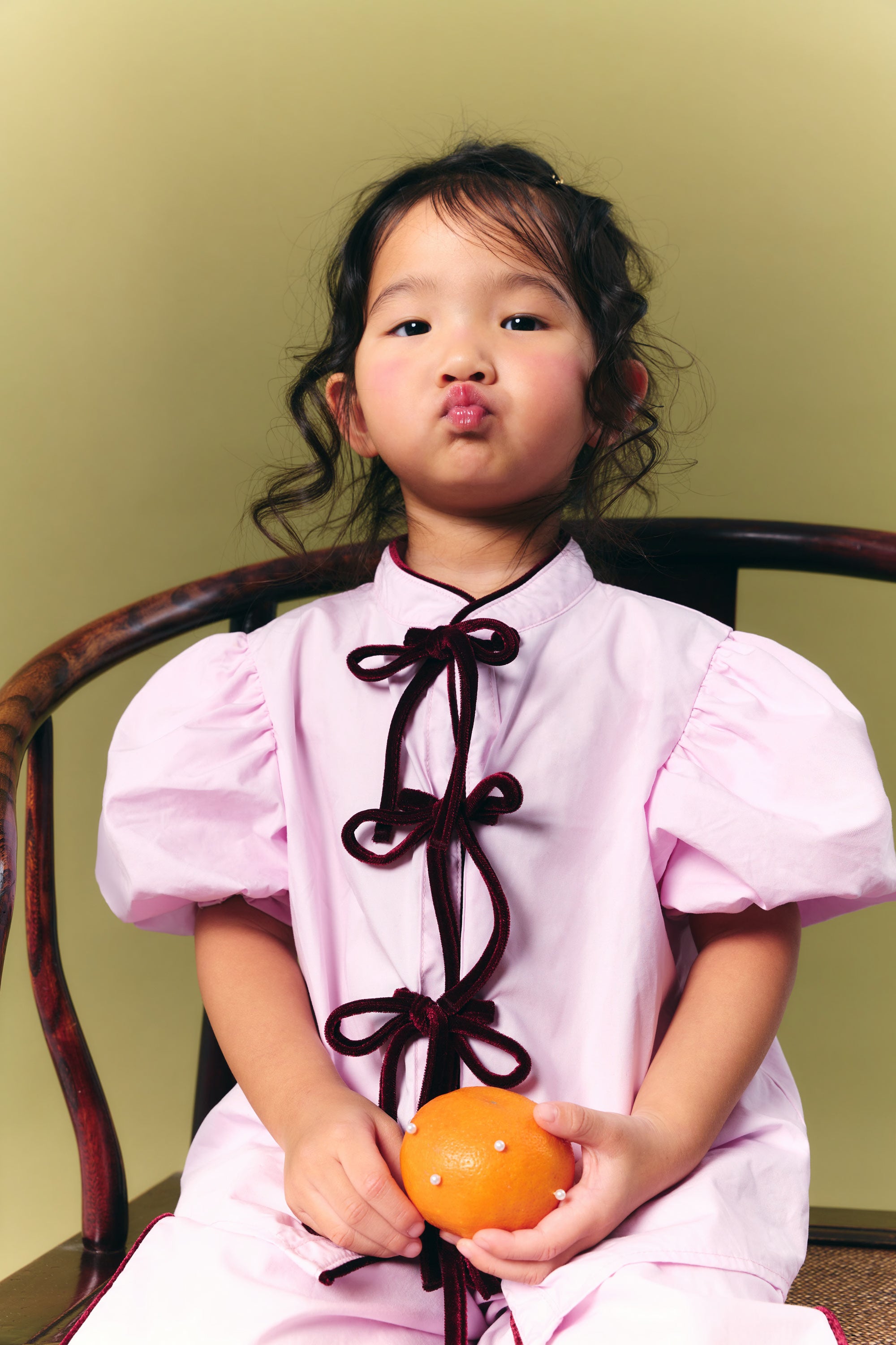 AIIZ Girl's Puffed Sleeve Blouse with Bow Tie (Pink / 3-4Y)