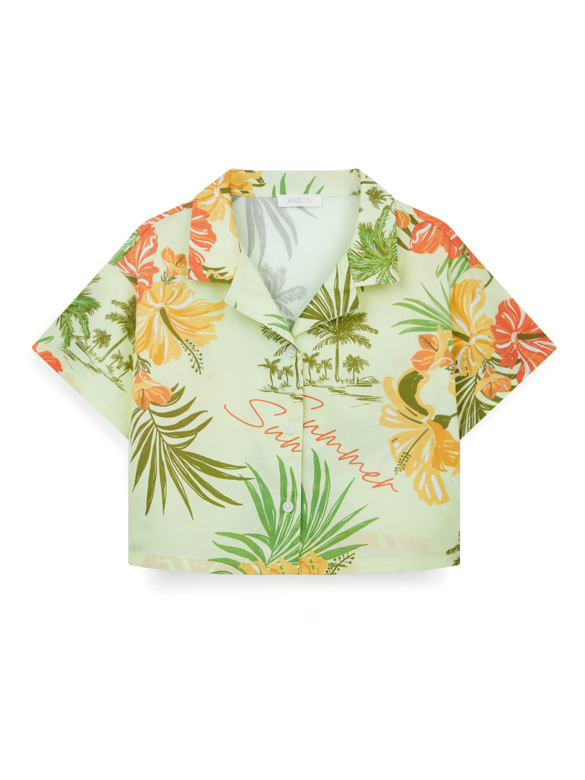 AIIZ Girl's Vintage Island Printed Camp Collar Shirt (Green / 3-4Y)