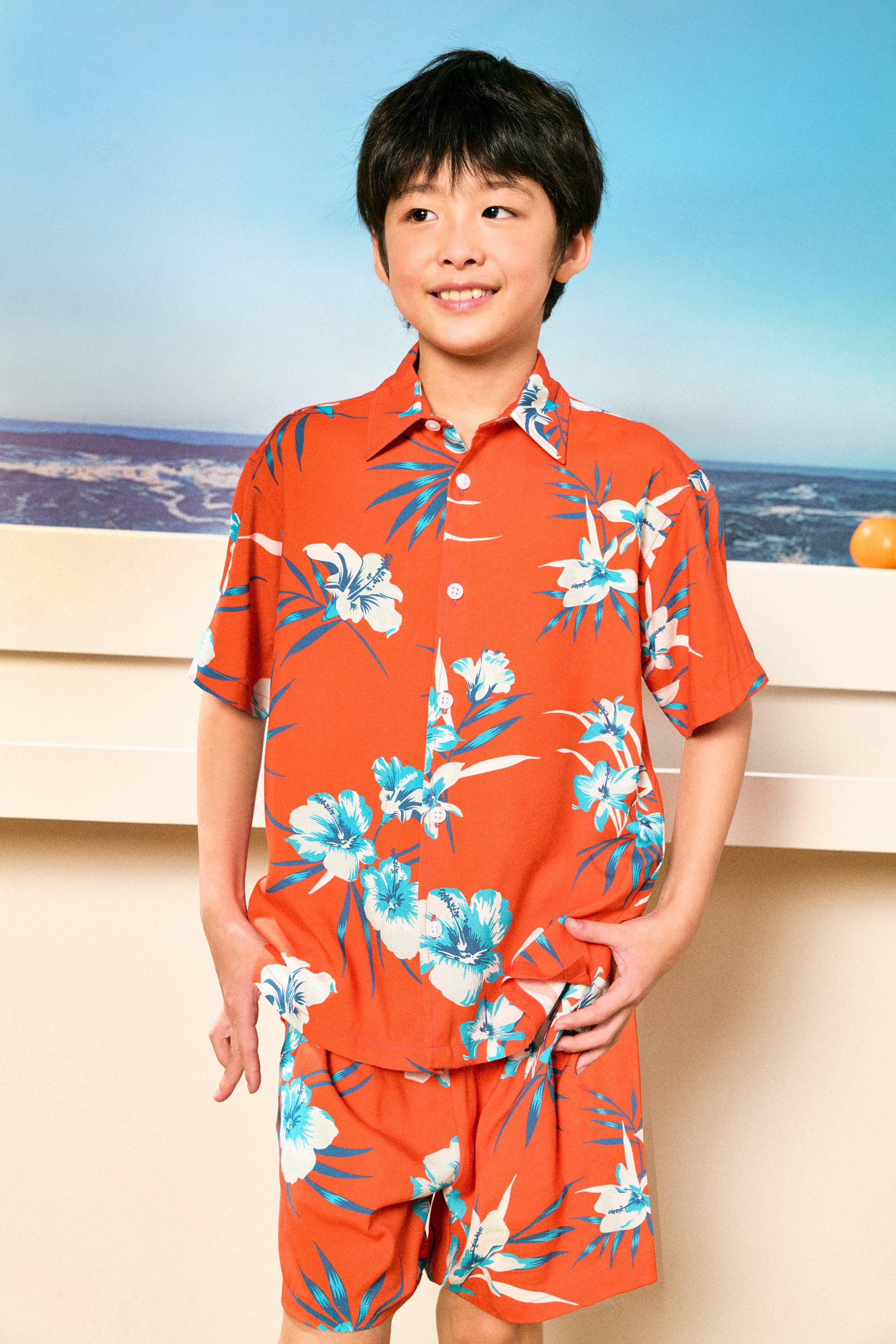 AIIZ Kids’ Summer Floral Short-Sleeve Shirt – 100% Rayon (Orange / 4-5Y)