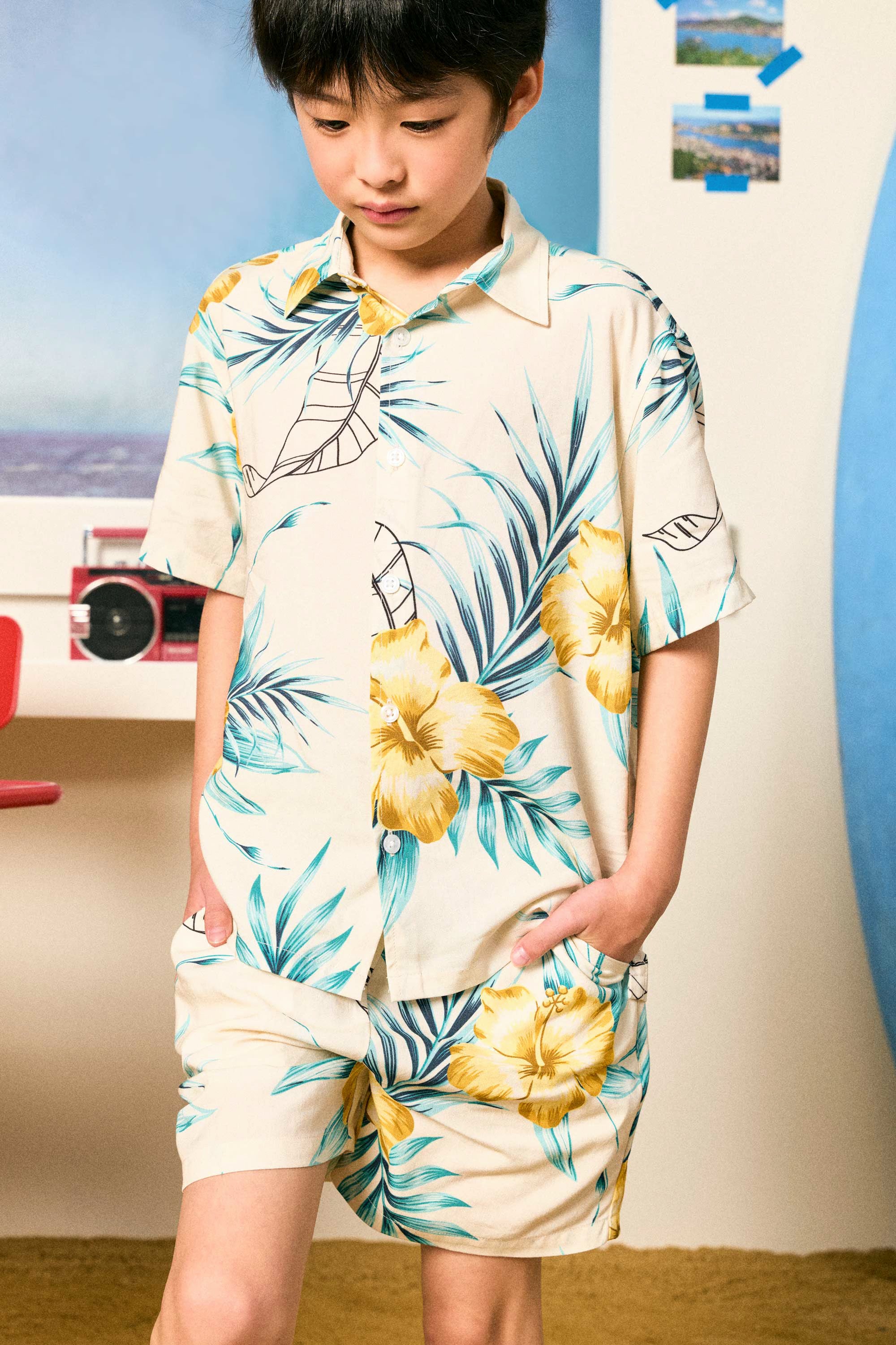 AIIZ Kids’ Songkran Floral Shorts – 100% Rayon (Beige / 4-5Y)