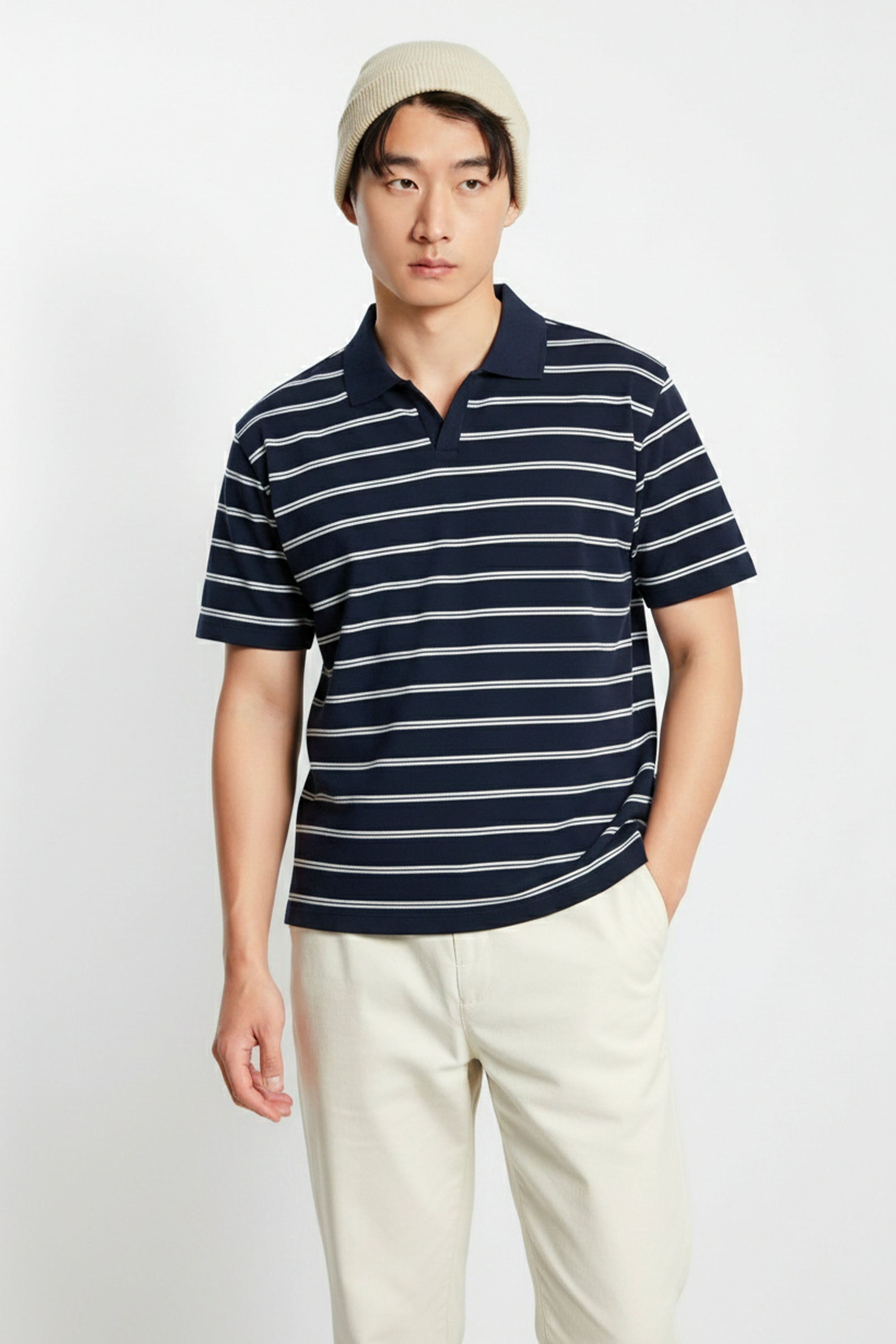 AIIZ Men’s Striped Open Collar Polo Shirt (Navy / S)