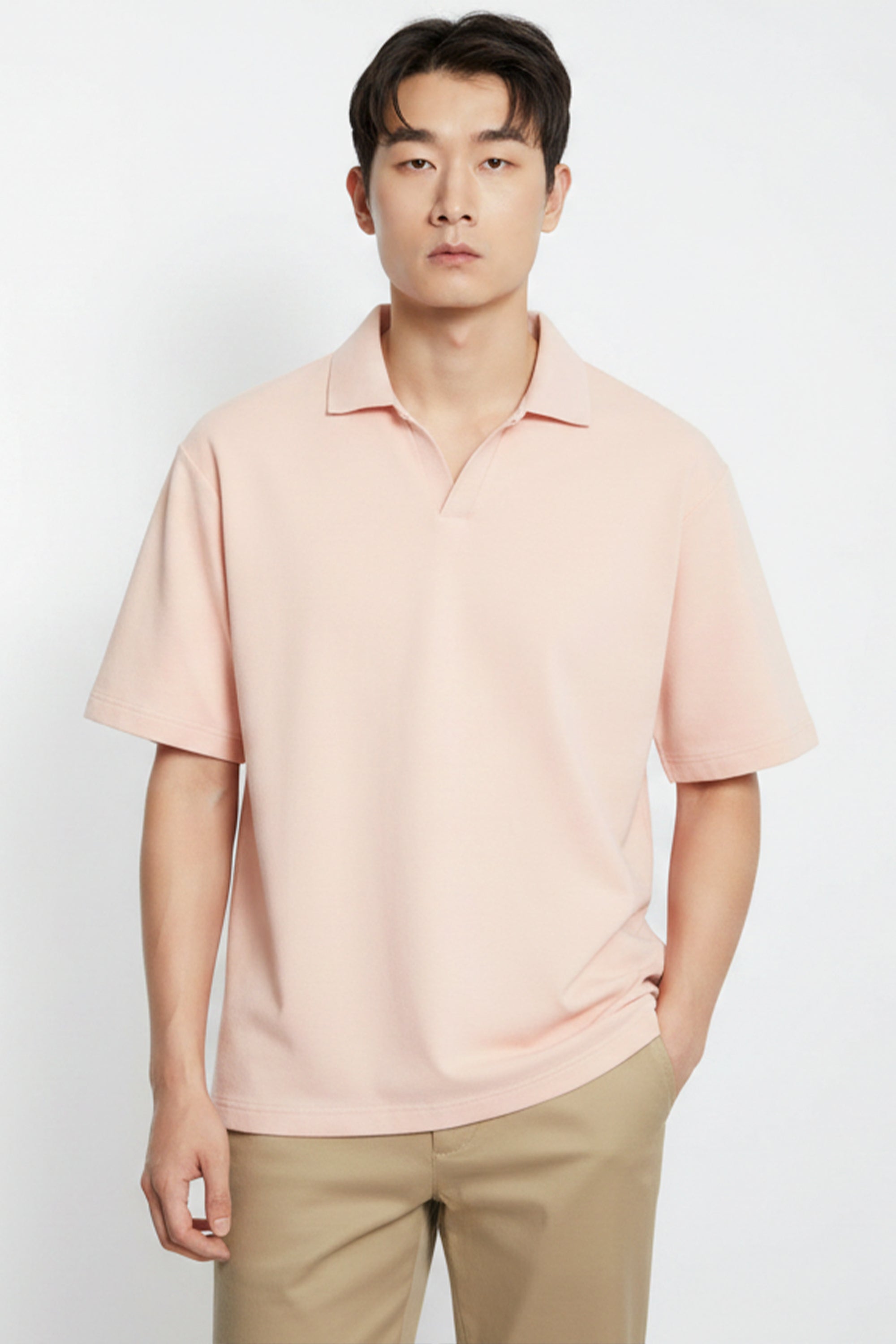 AIIZ Men's Open Collar Polo Shirt (Light Pink / S)