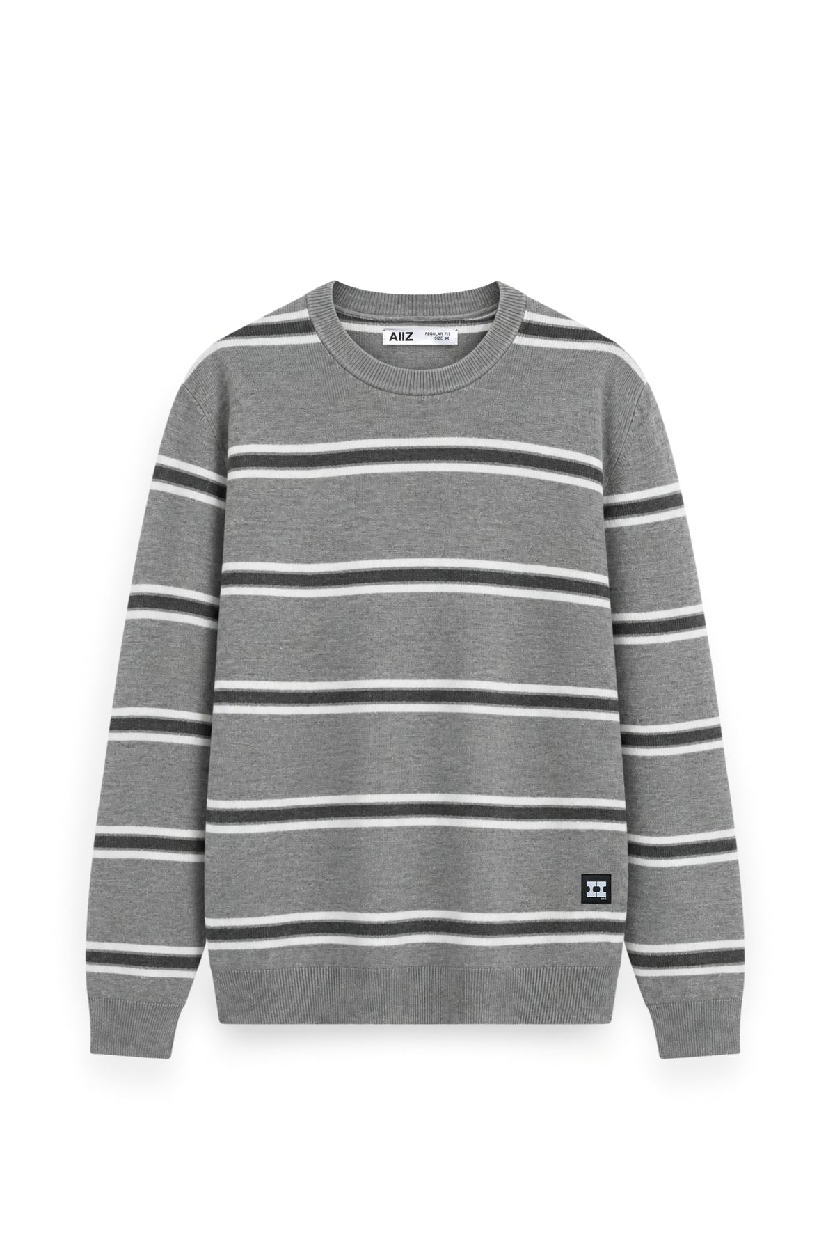 Men's Surreal Academia Multi-Stripe Rib Crew Neck Sweater (Top Dyed Grey / S)
