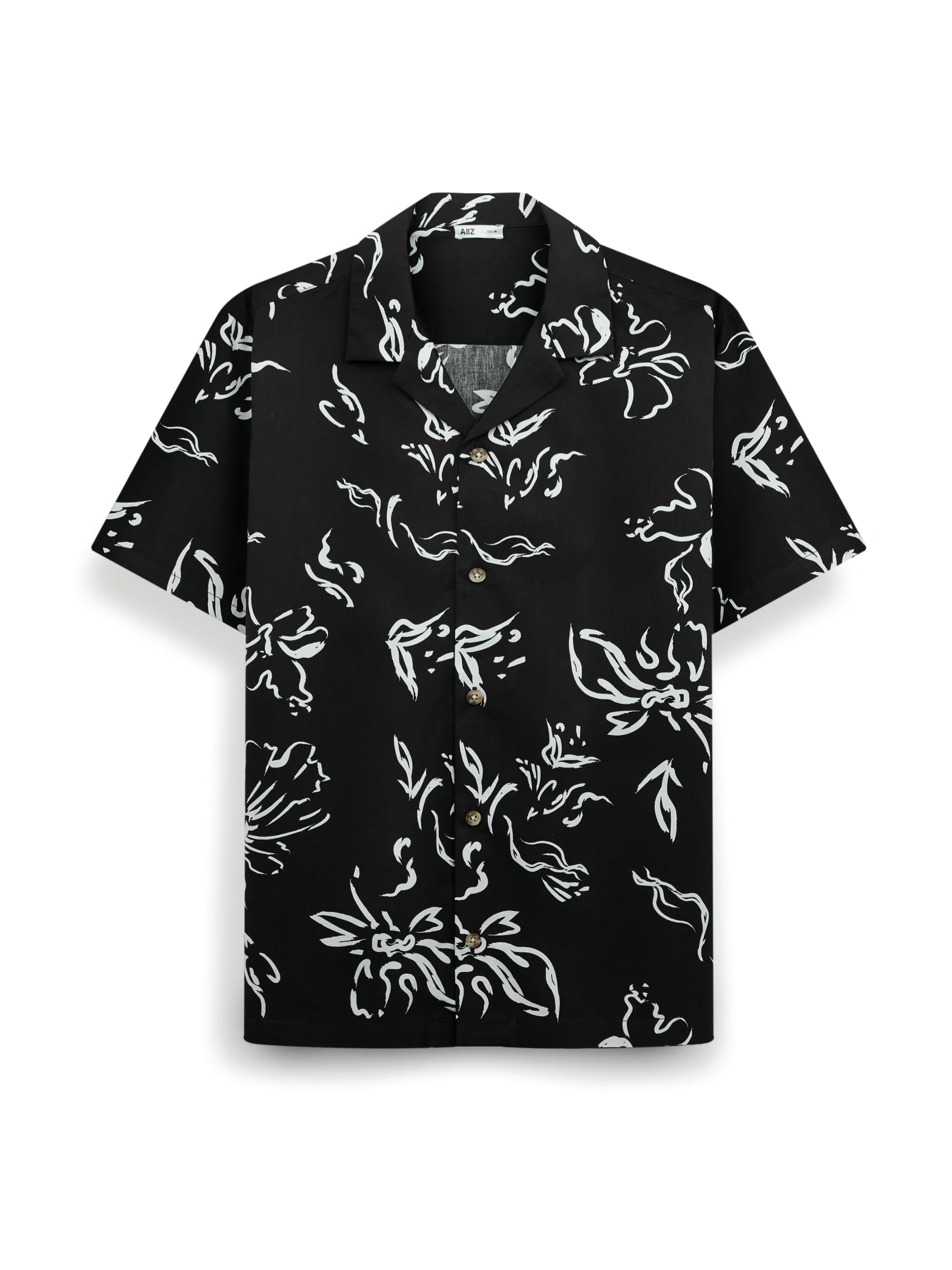 AIIZ Men's Graphic Printed Camp Collar Shirt (Black / S)