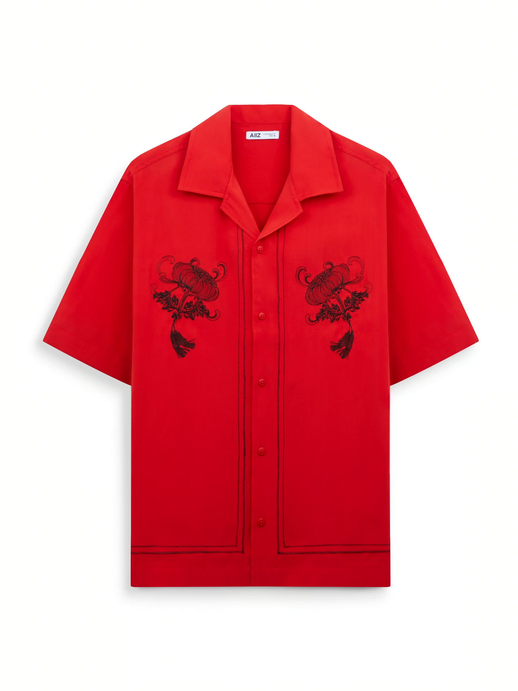 AIIZ Men's Camp Collar Shirt with Embroidery (Red / S)