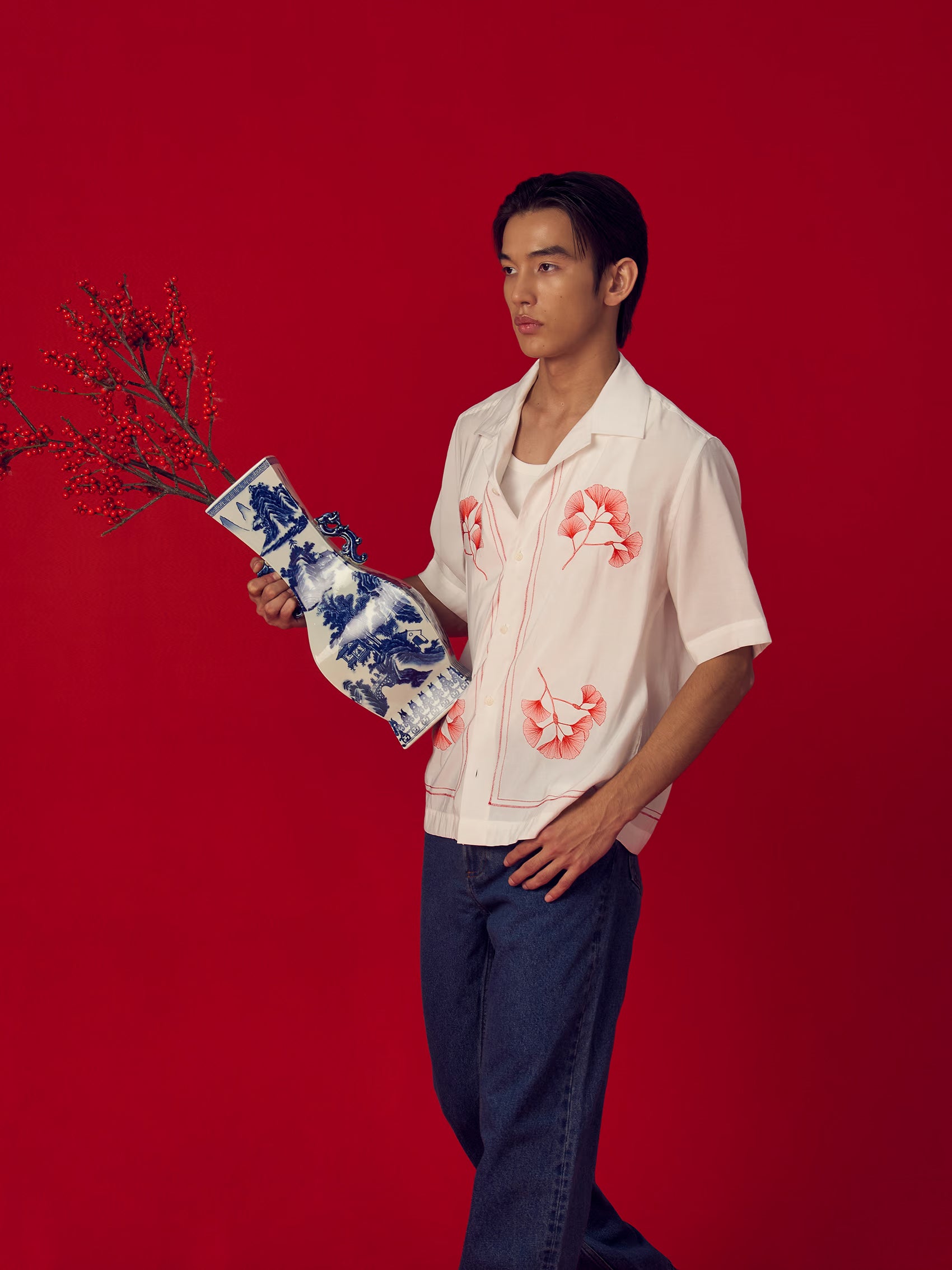 AIIZ Men's Camp Collar Shirt with Embroidery