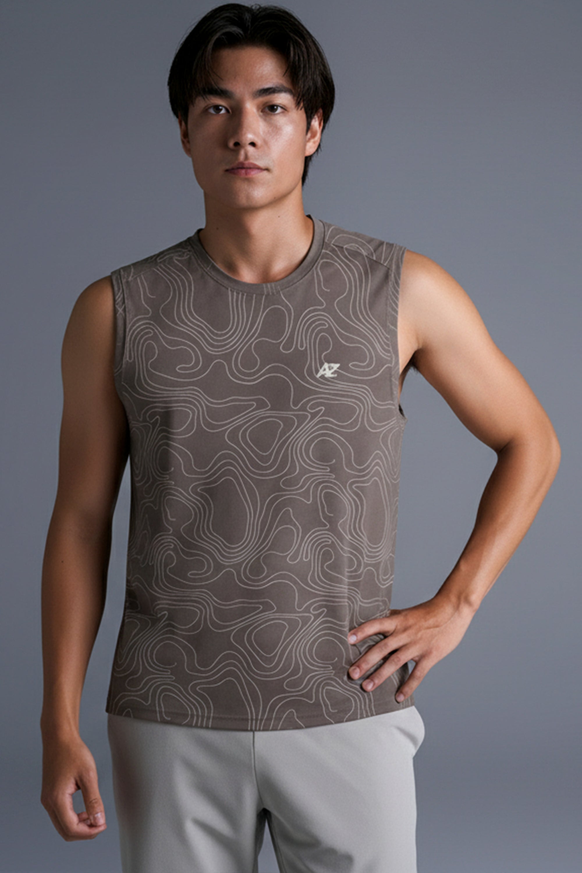 AIIZ Men's Quick Dry Active Printed Tank Top (Dark Brown / S)