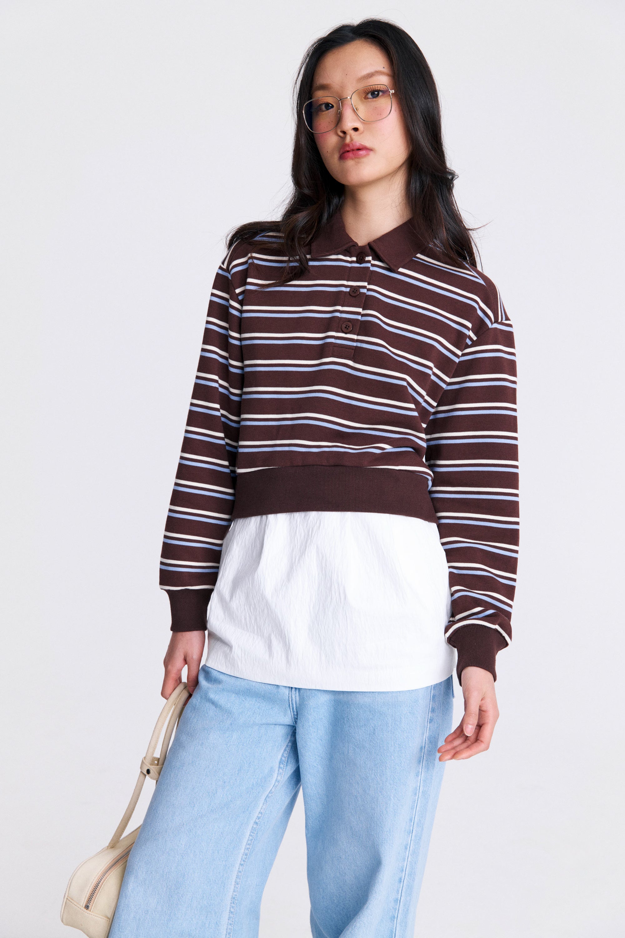 AIIZ Women's Striped Long Sleeve Polo Shirt (Dark Brown / S)