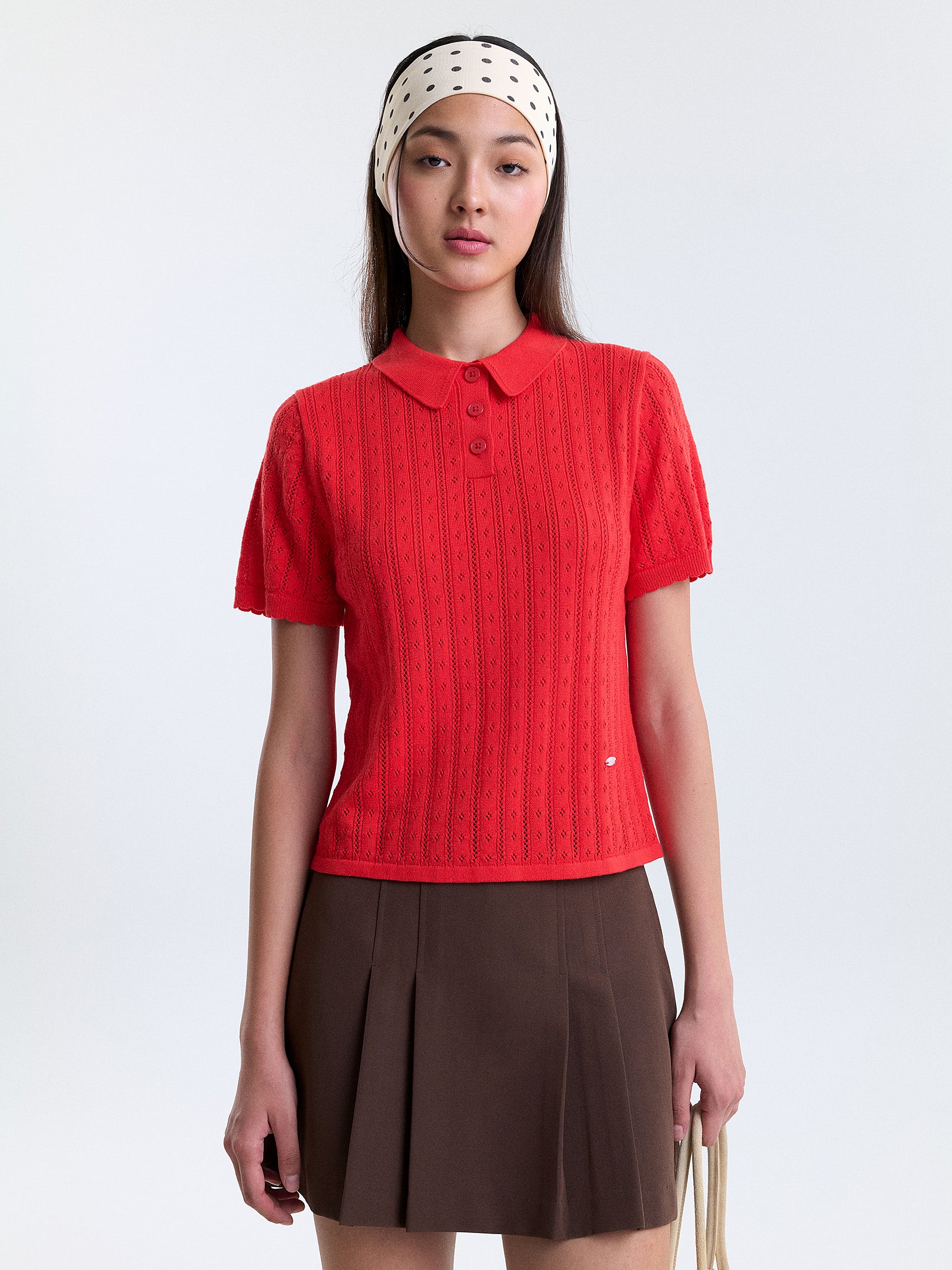 AIIZ Women’s Pointelle Knit Polo Shirt (Red / S)