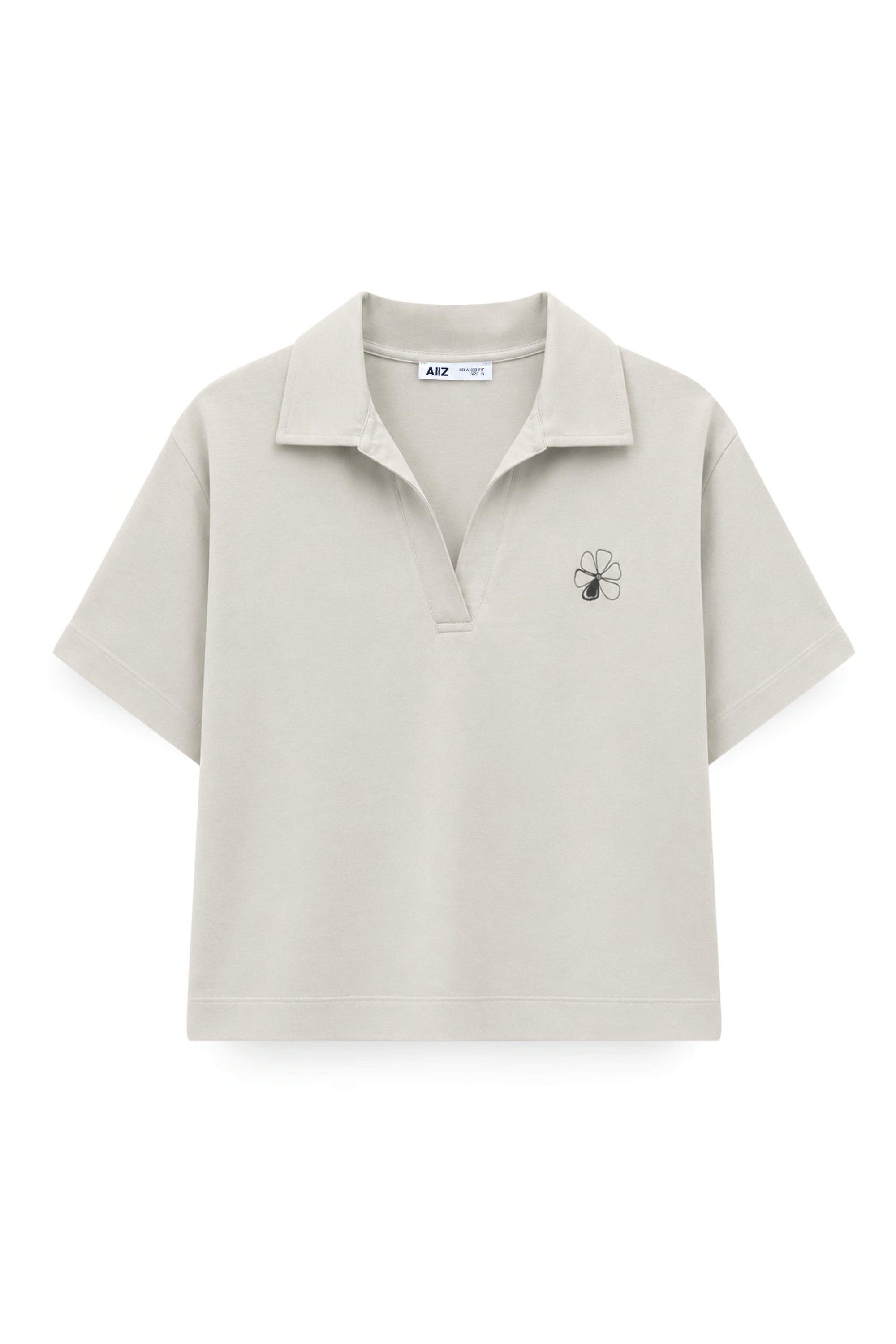 AIIZ Women's Polo Open Collar with Floral Embroidery (Beige / S)