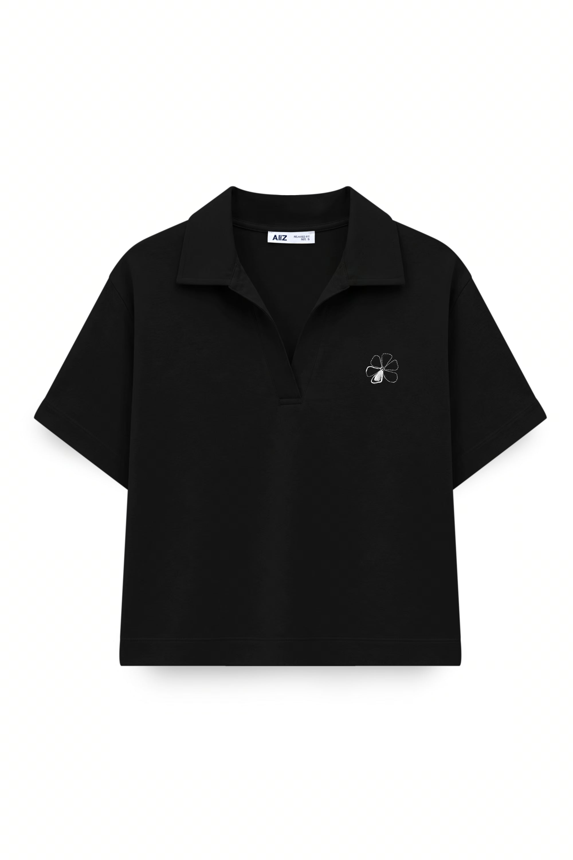 AIIZ Women's Polo Open Collar with Floral Embroidery (Black / S)