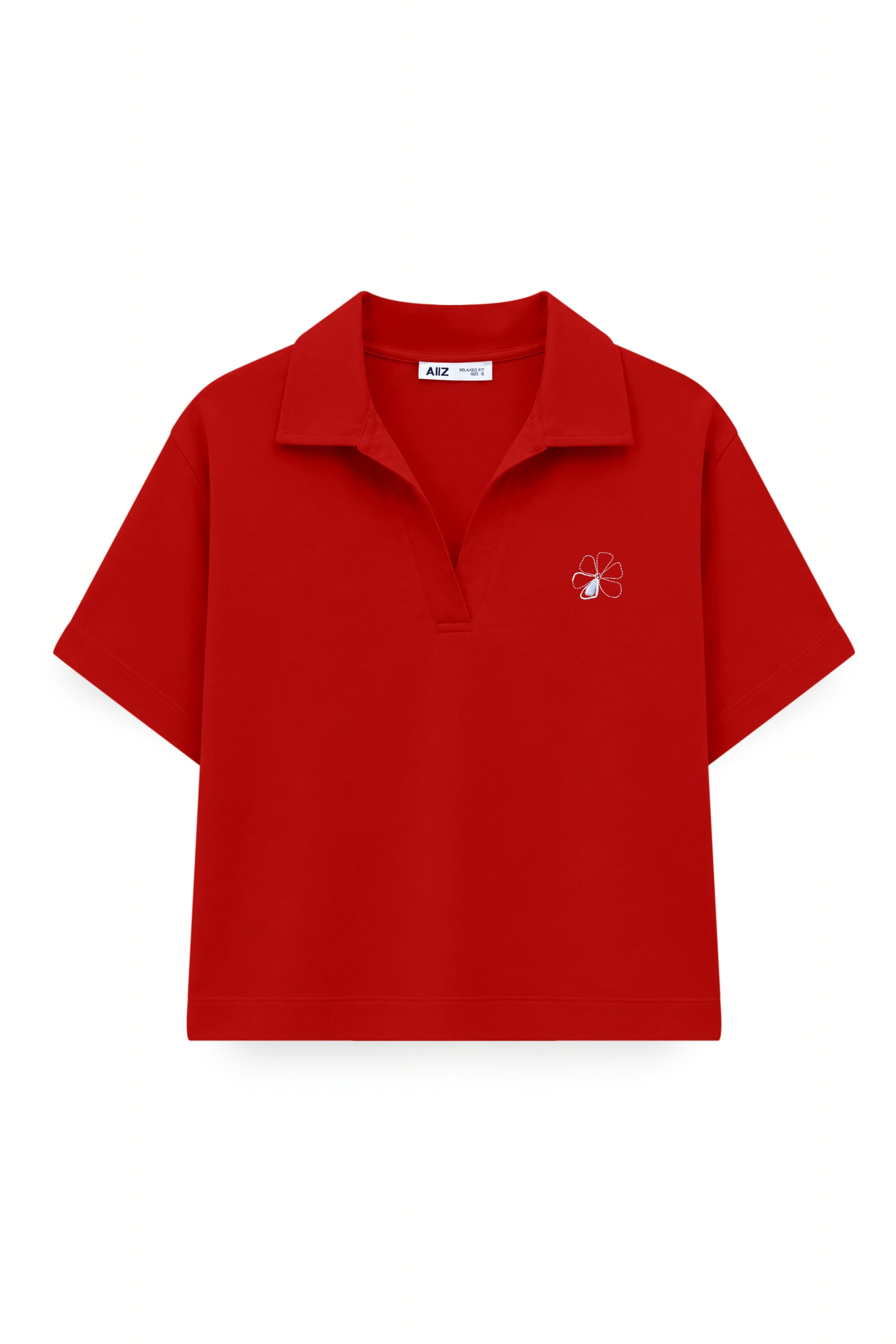 AIIZ Women's Polo Open Collar with Floral Embroidery (Red / S)