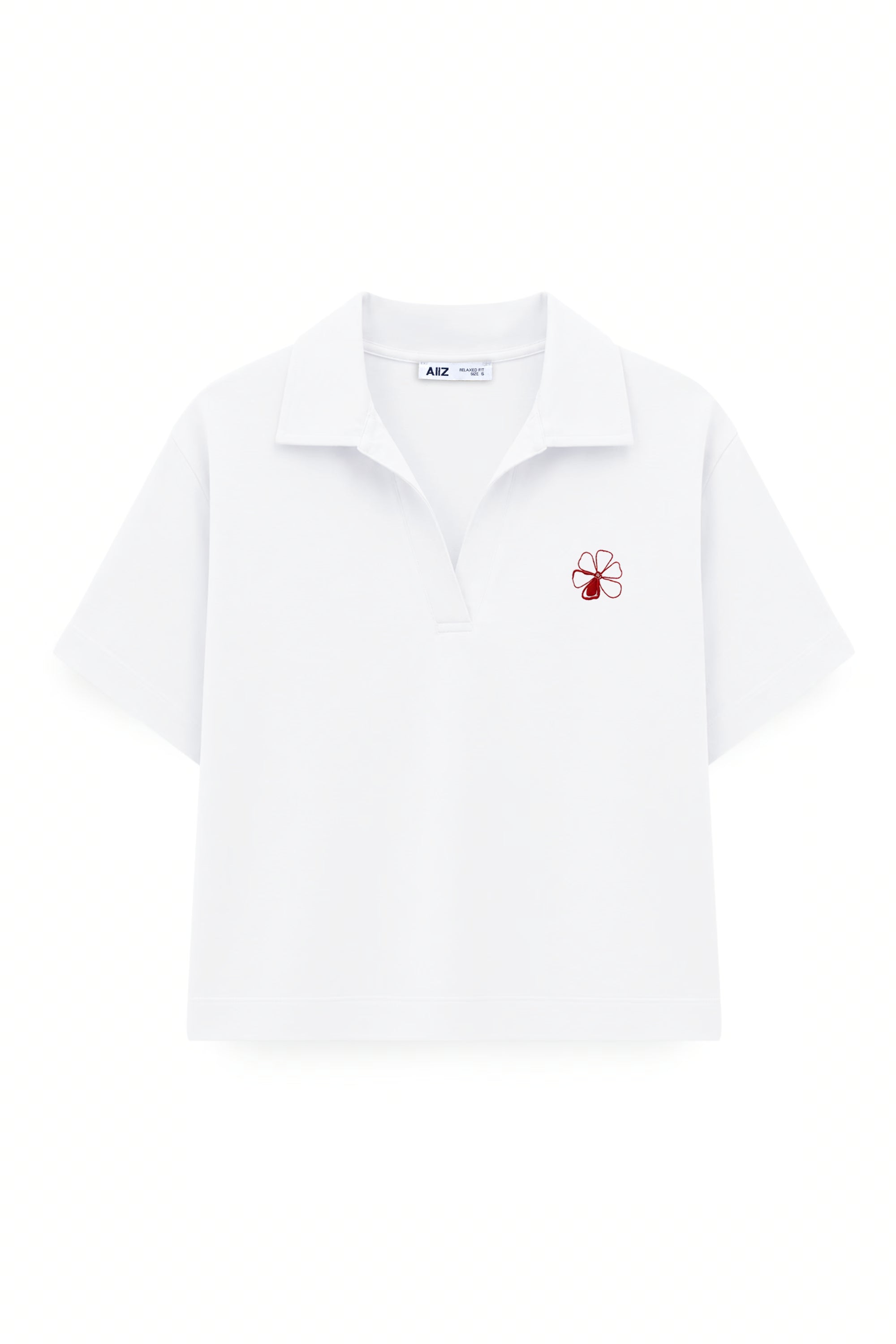 AIIZ Women's Polo Open Collar with Floral Embroidery (White / S)
