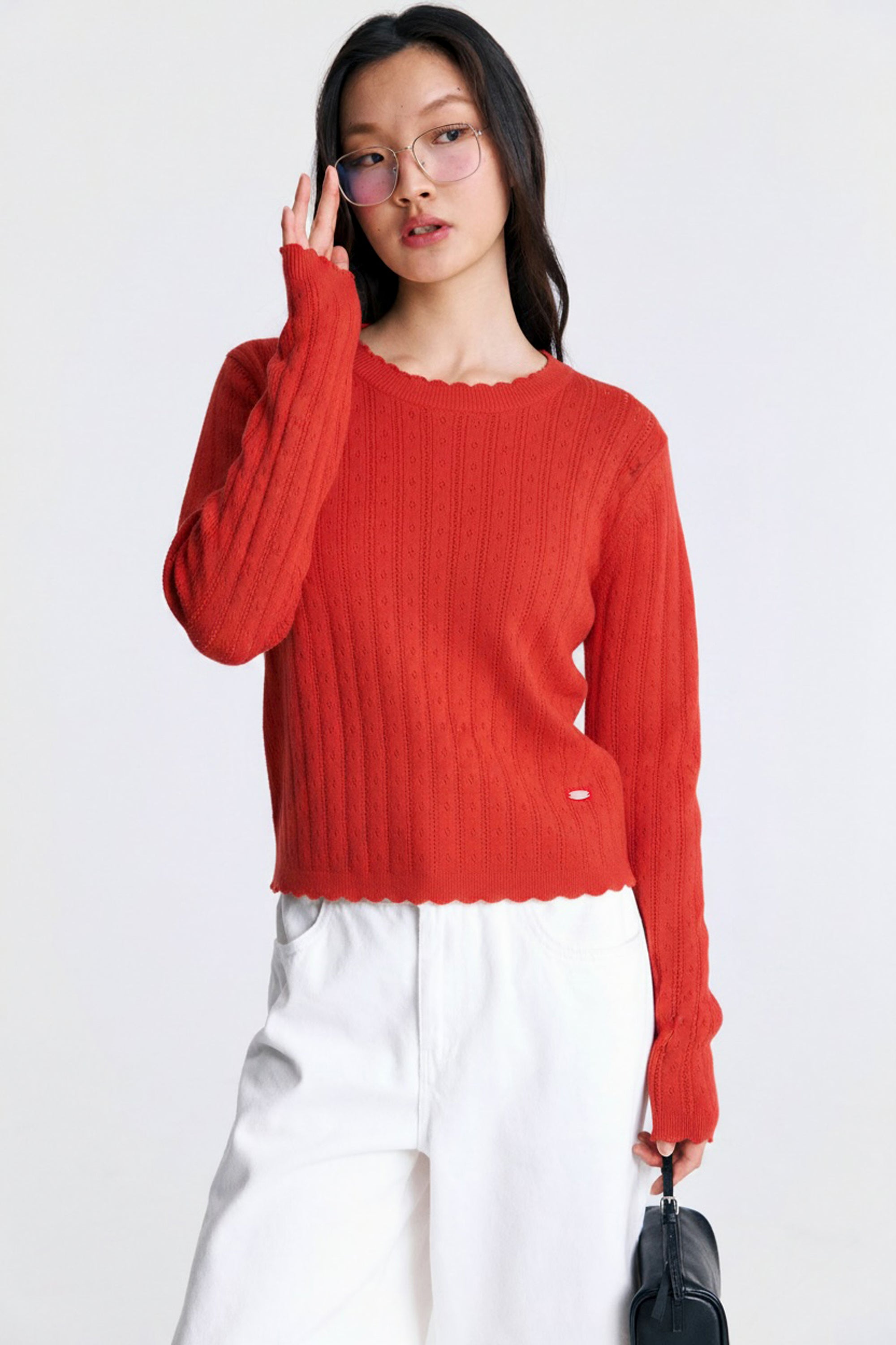 AIIZ Women's Pointelle Knit Long Sleeve Top (Red / S)