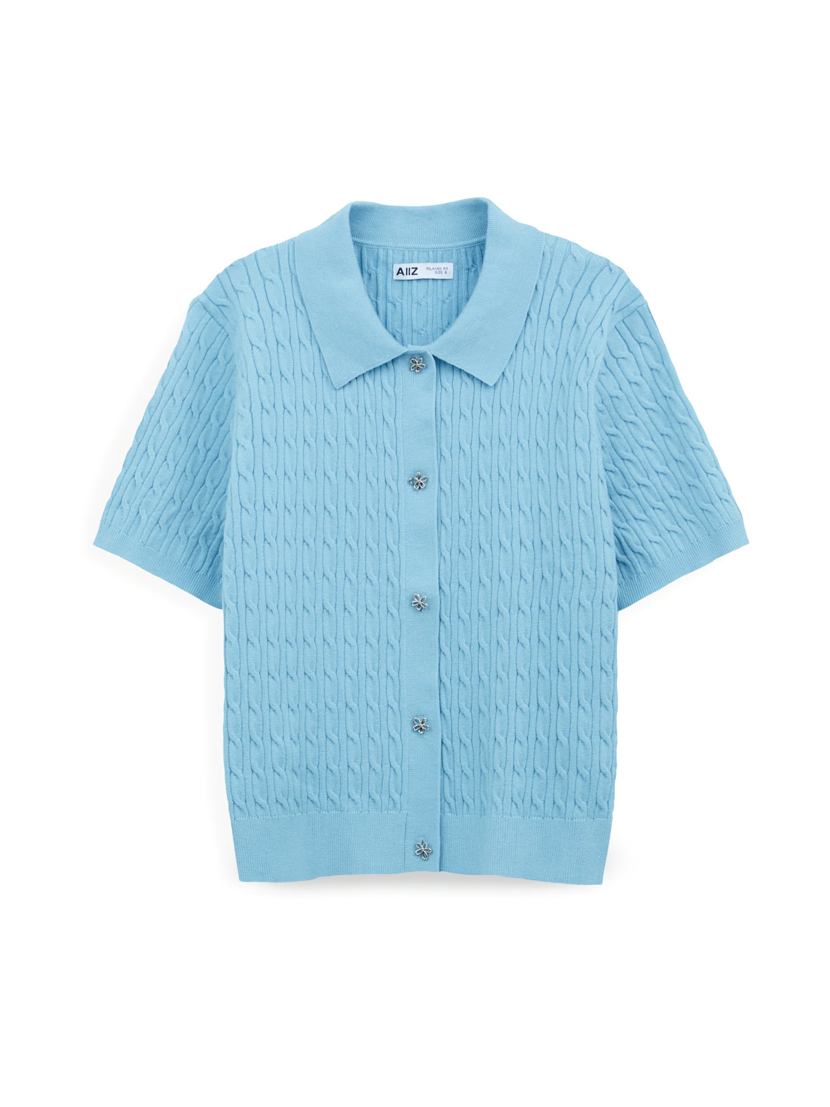 AIIZ Women's Cable Knit Short Sleeve Shirt (Blue / S)
