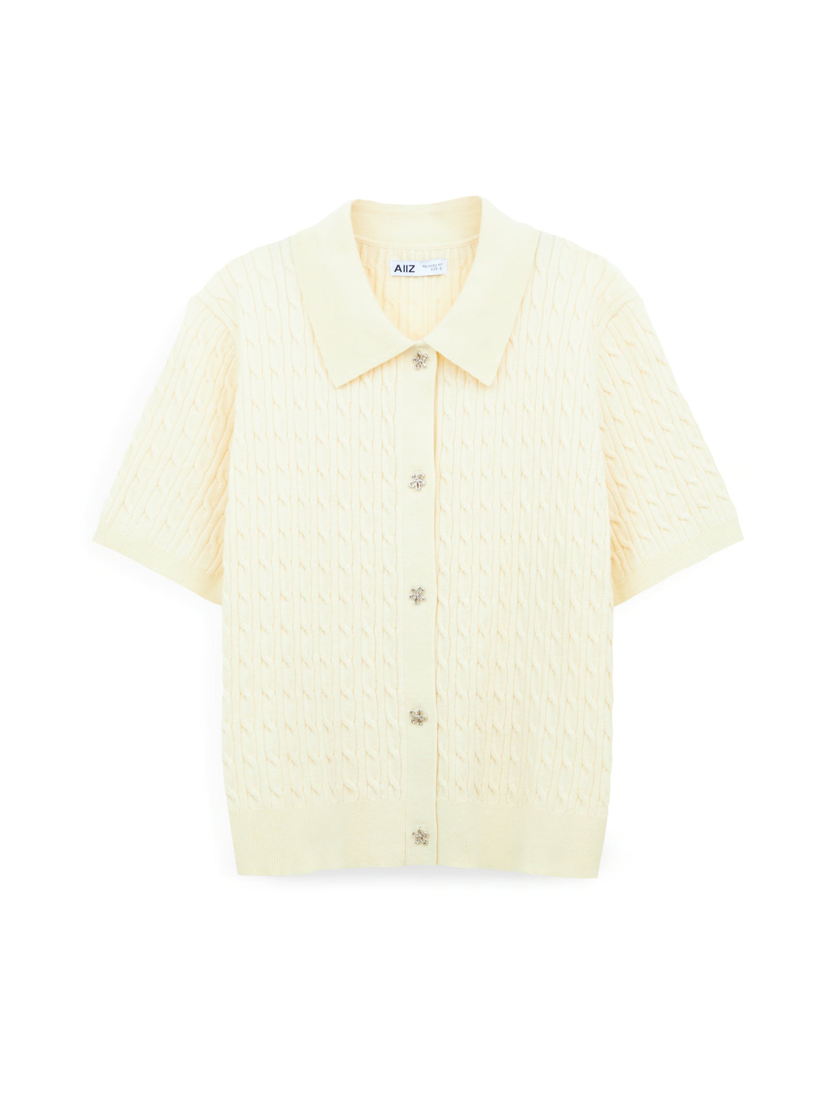 AIIZ Women's Cable Knit Short Sleeve Shirt (Light Yellow / S)