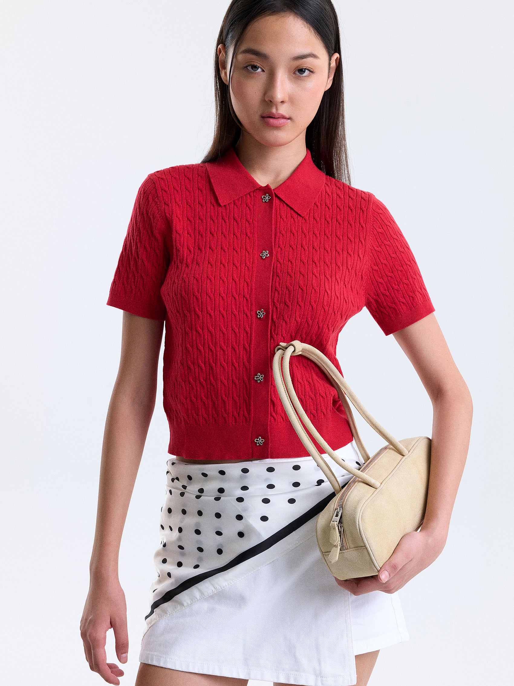 AIIZ Women's Cable Knit Short Sleeve Shirt