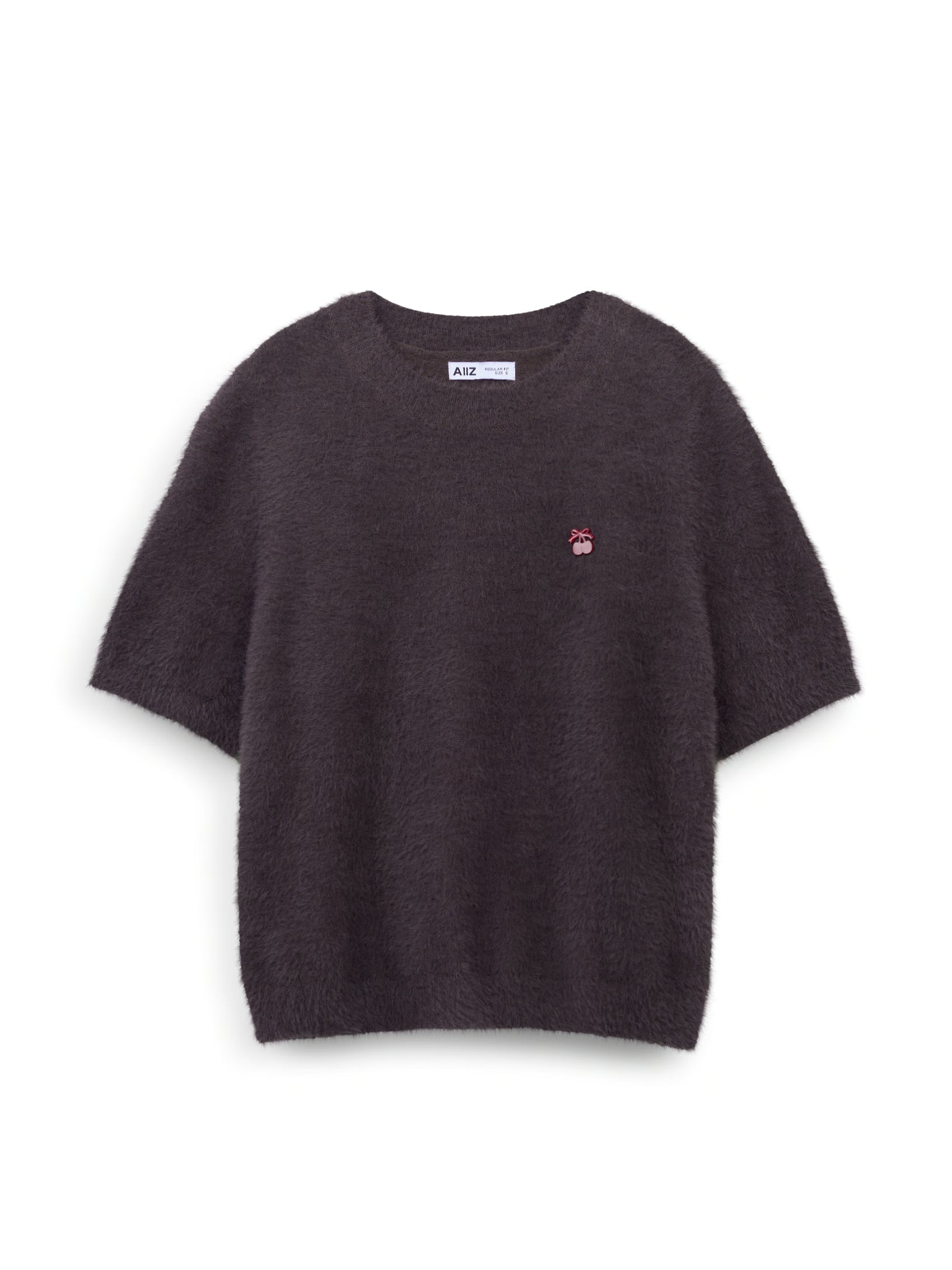 AIIZ Women's Cherry Fluffy Short Sleeve Sweater (Dark Brown / S)