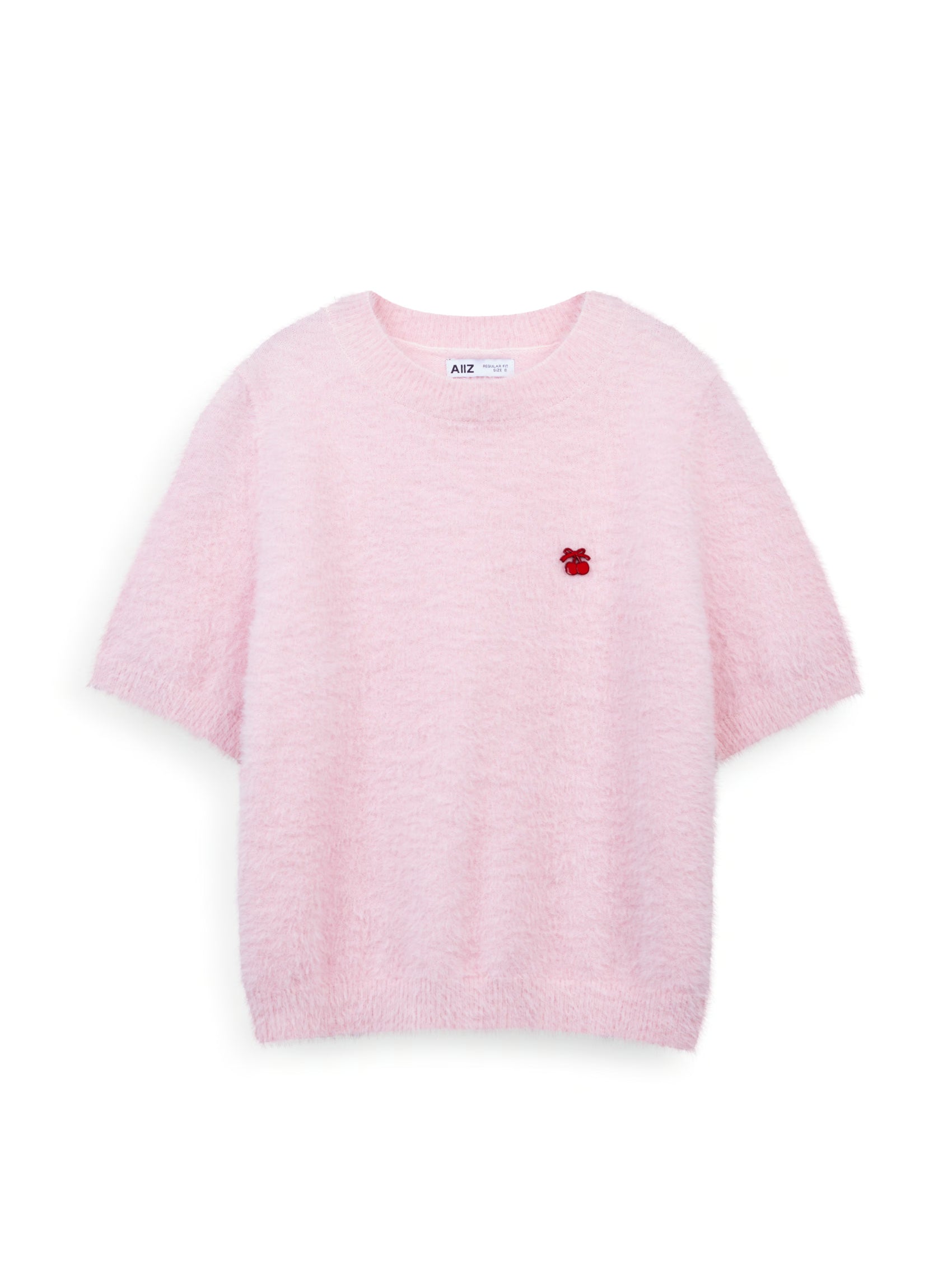 AIIZ Women's Cherry Fluffy Short Sleeve Sweater (Light Pink / S)