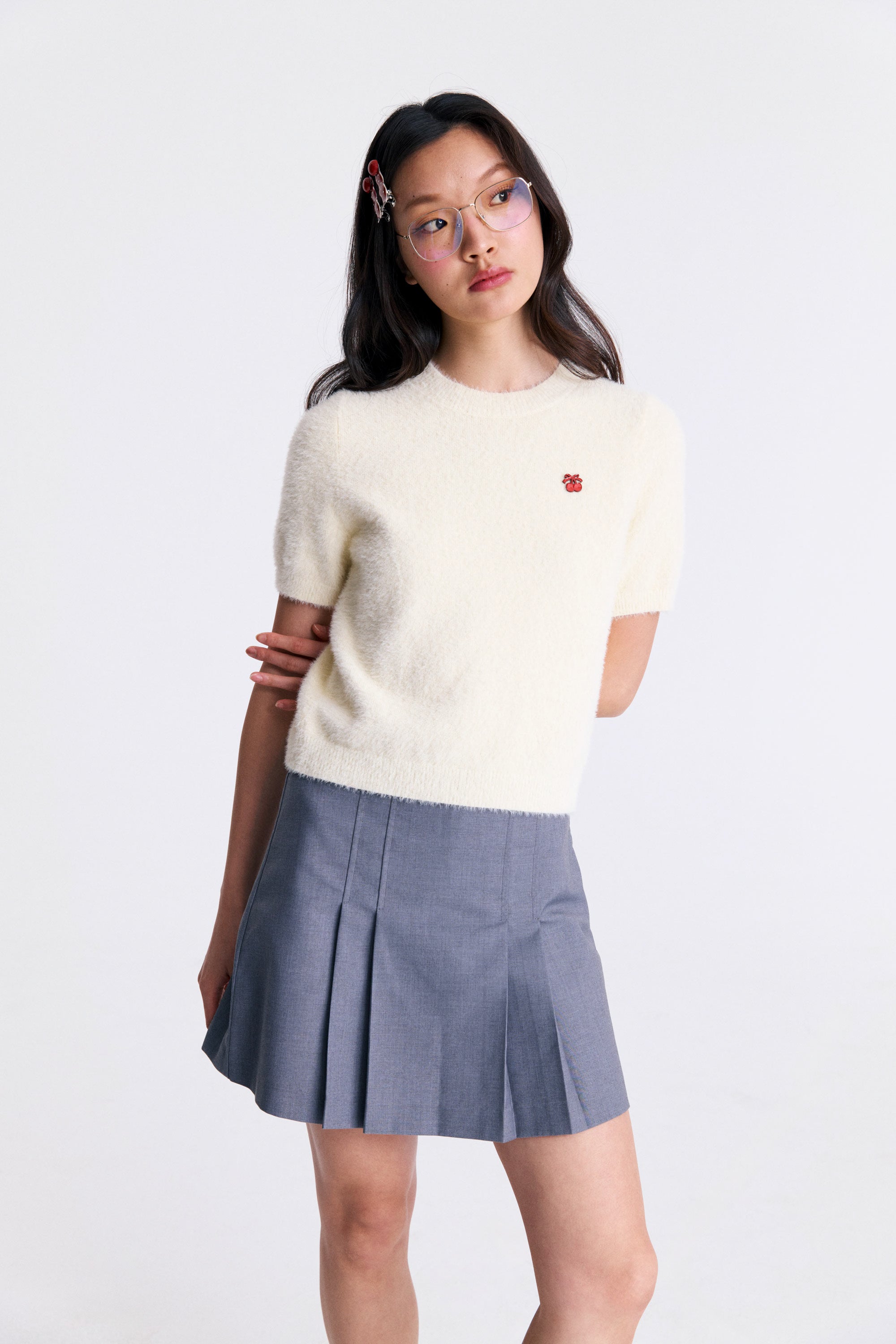 AIIZ Women's Cherry Fluffy Short Sleeve Sweater