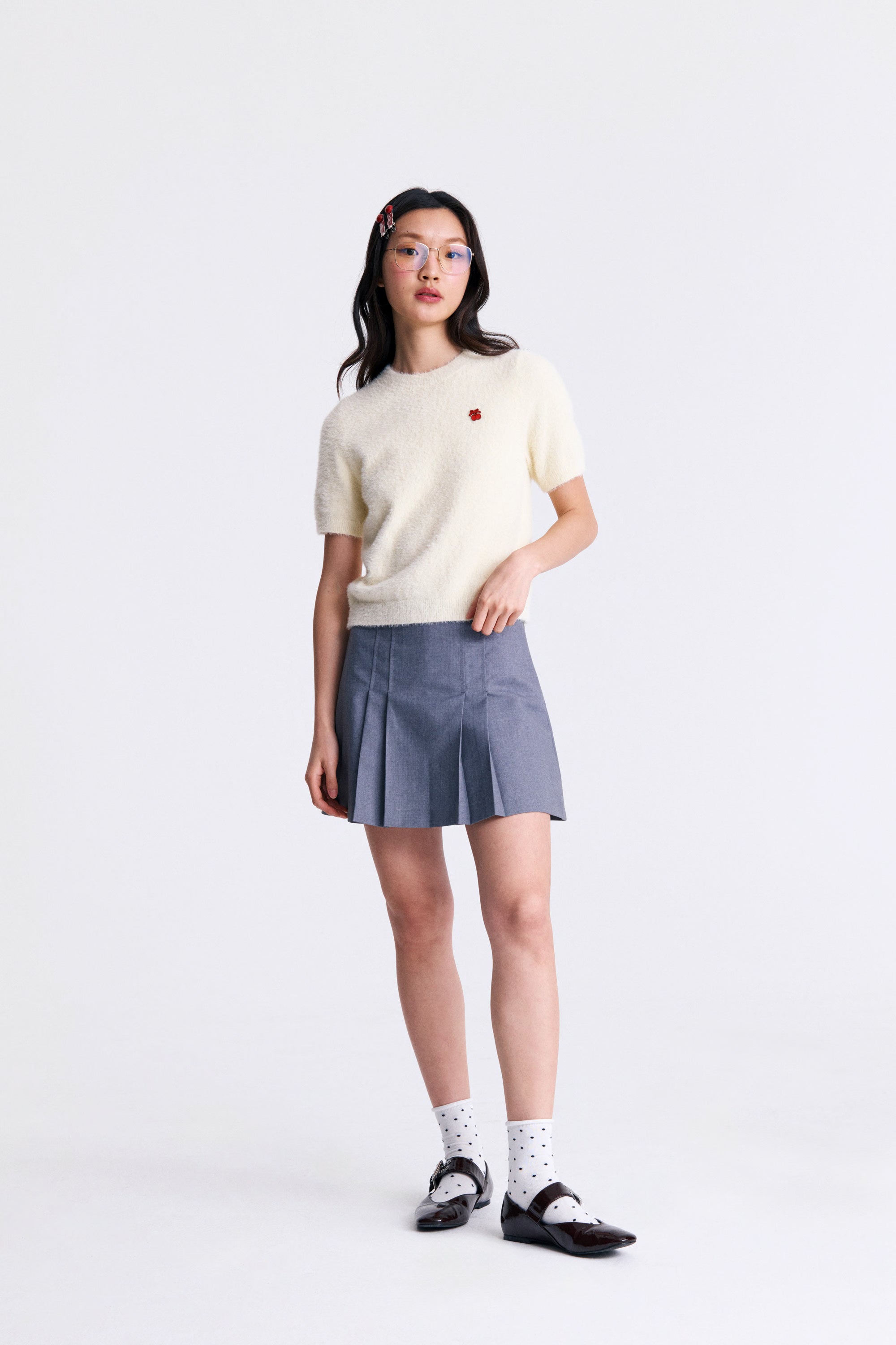 AIIZ Women's Cherry Fluffy Short Sleeve Sweater