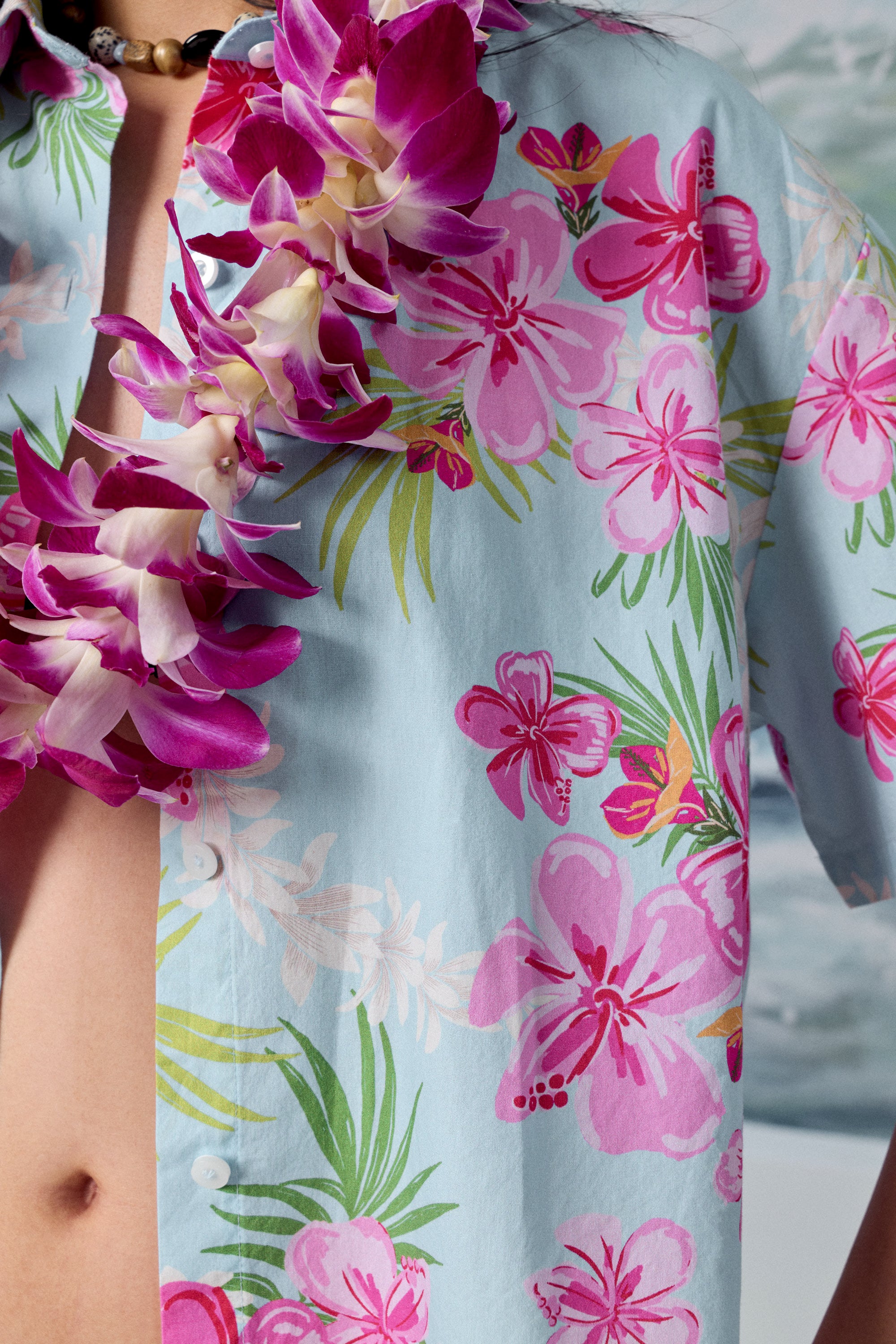 AIIZ Women’s Songkran Floral Short Sleeve Shirt–100% Cotton