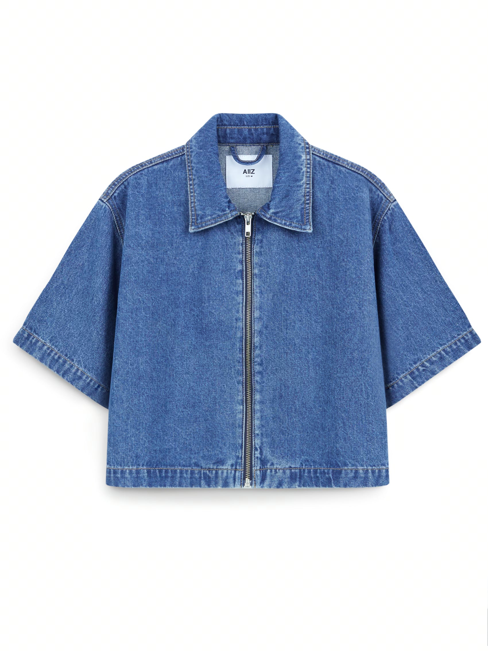 AIIZ Women's Denim Cropped Shirt Short Sleeve