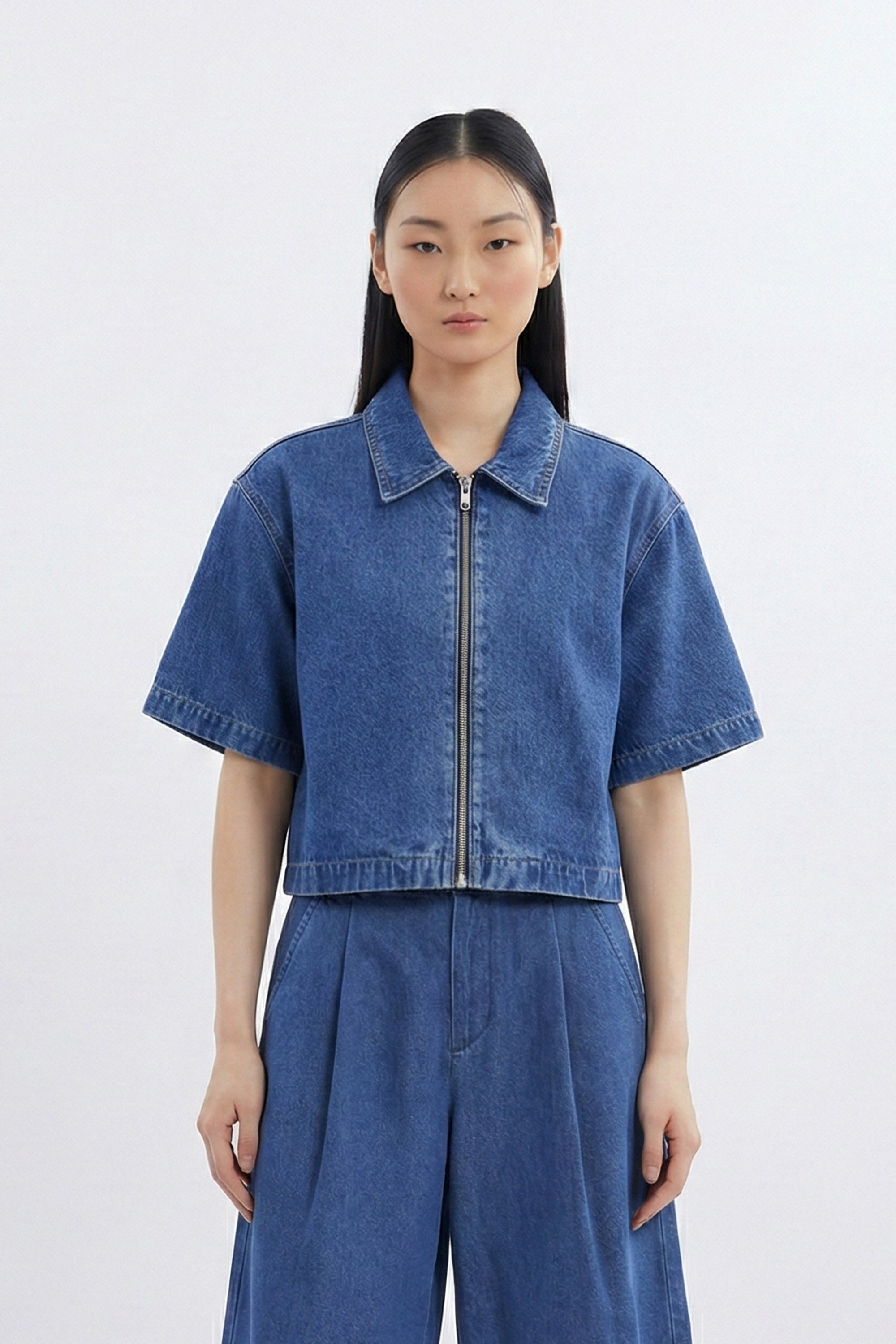 AIIZ Women's Denim Cropped Shirt Short Sleeve