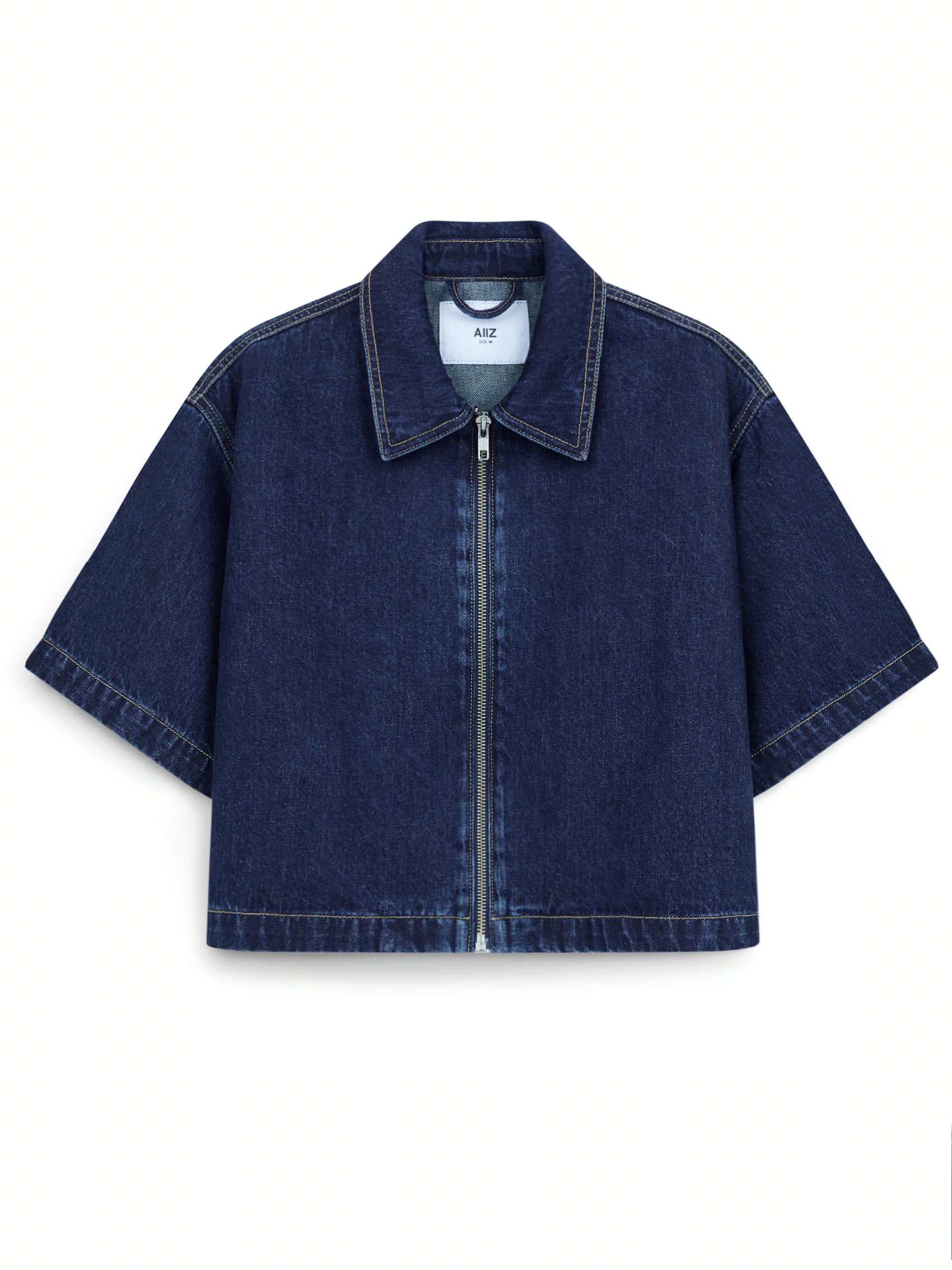 AIIZ Women's Denim Cropped Shirt Short Sleeve (Navy / S)