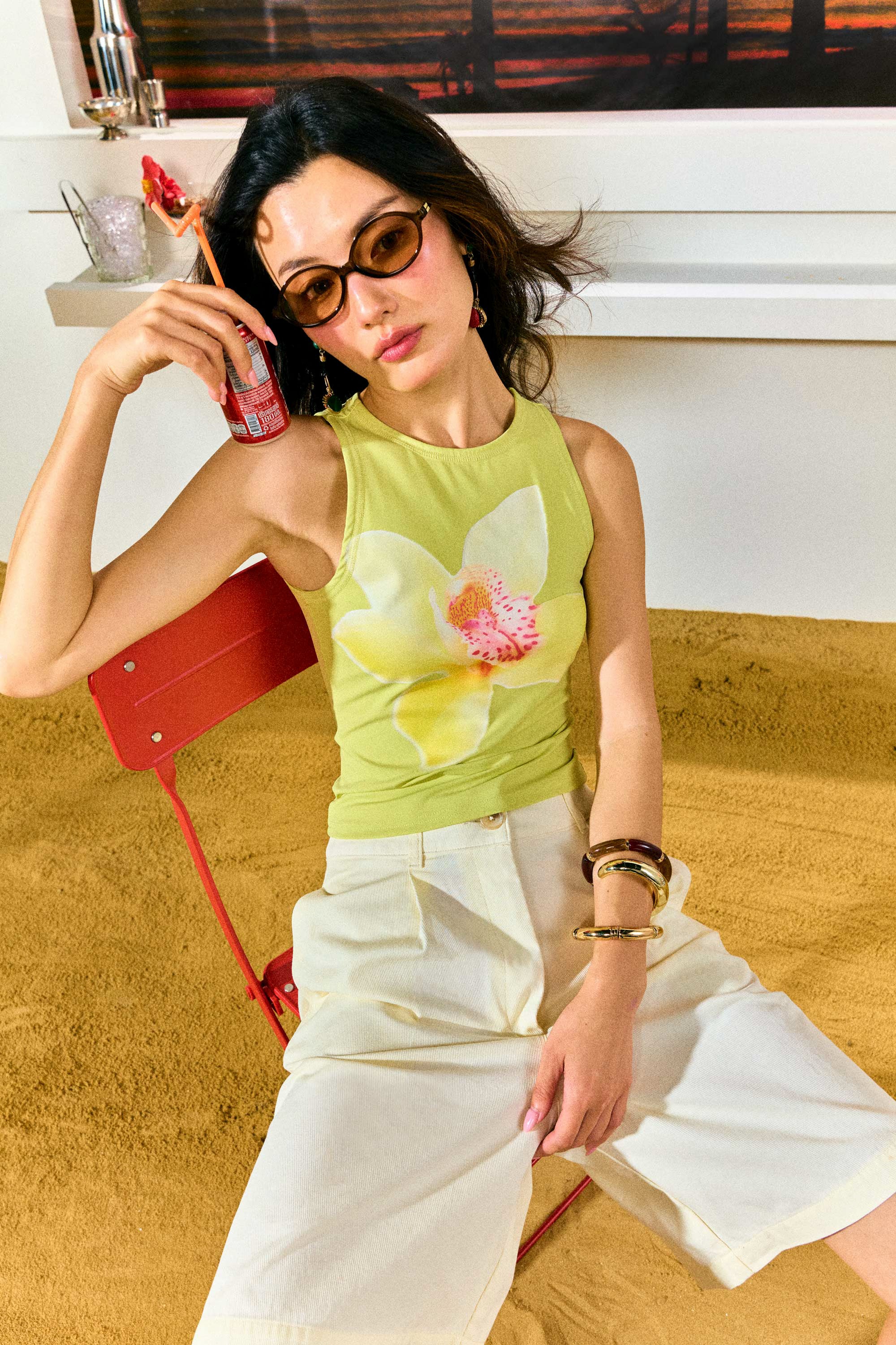 AIIZ Women's Tropical Retreat Graphic Tank Top (Lime Green / XS)