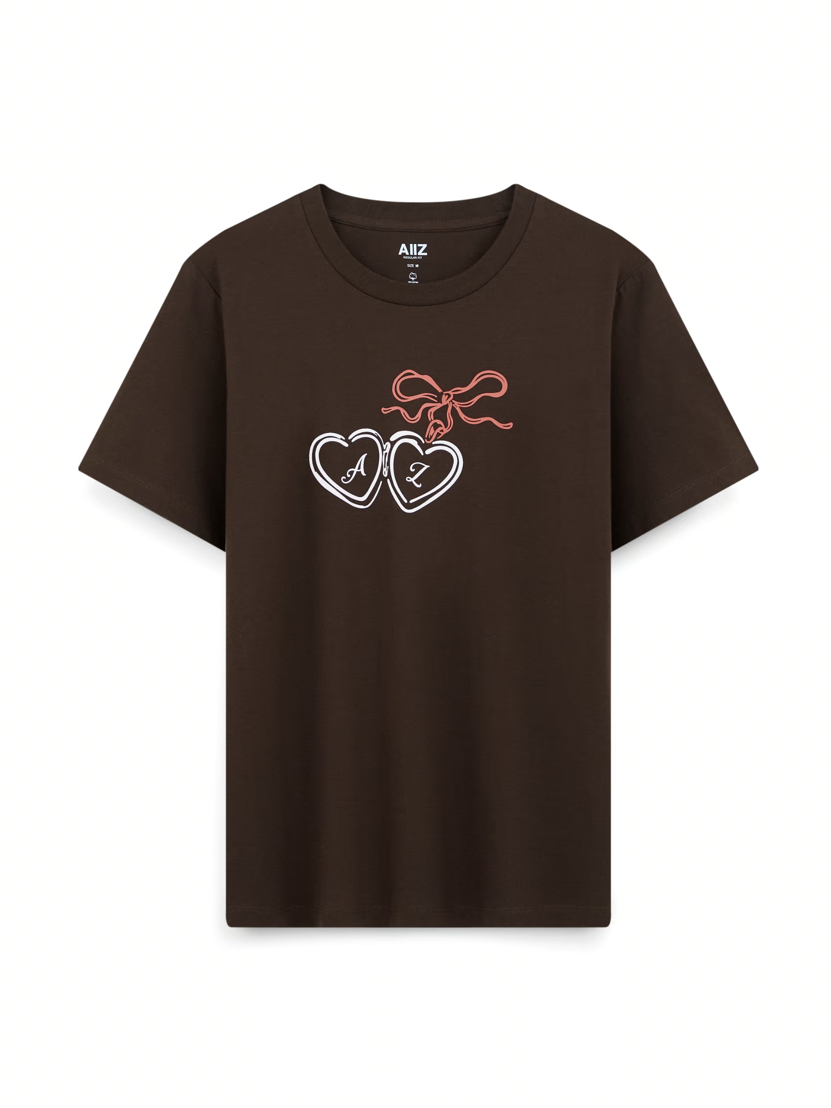 AIIZ Women's Locket Heart Graphic T-Shirt (Dark Brown / S)